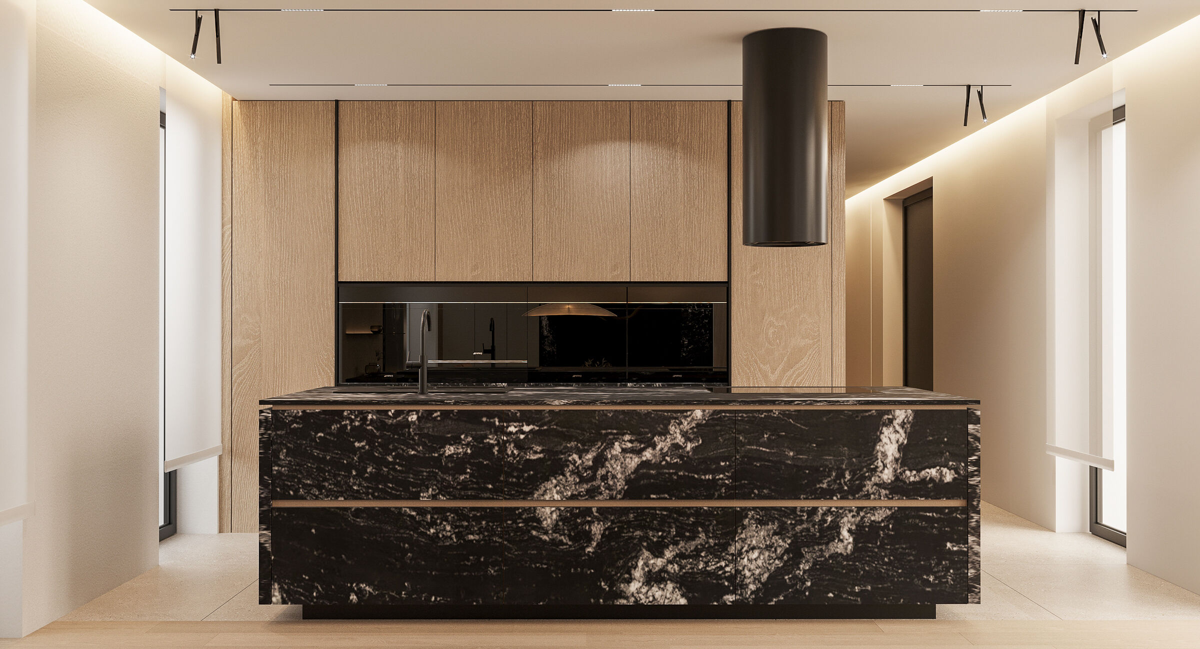 The kitchen is defined by contrast, where dark stone surfaces introduce depth and visual weight.