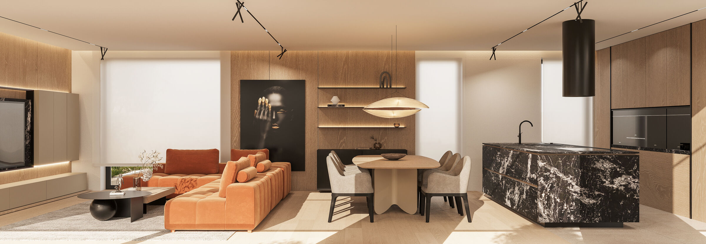 Dining and living zones overlap seamlessly, reinforcing the openness of the spatial layout.