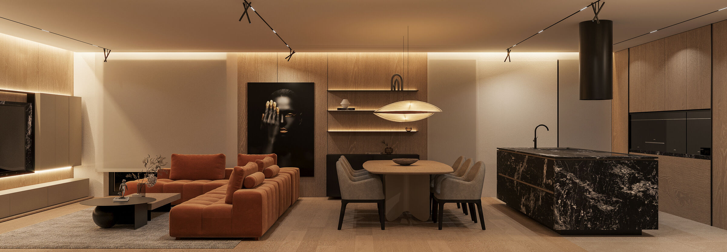 A sculptural pendant light introduces softness and rhythm into the otherwise restrained interior.