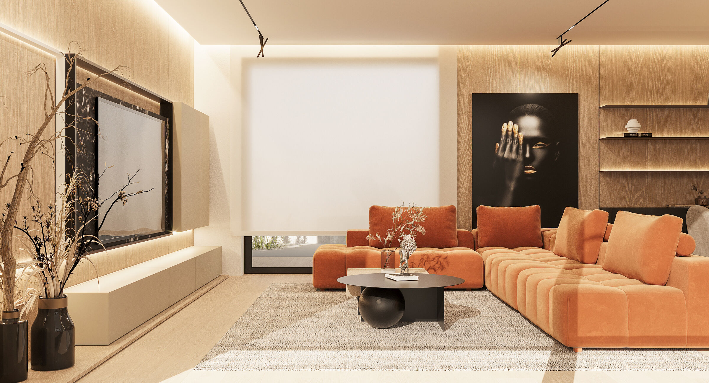 Warm tones and soft textures create a welcoming living space centered around comfort and calm.
