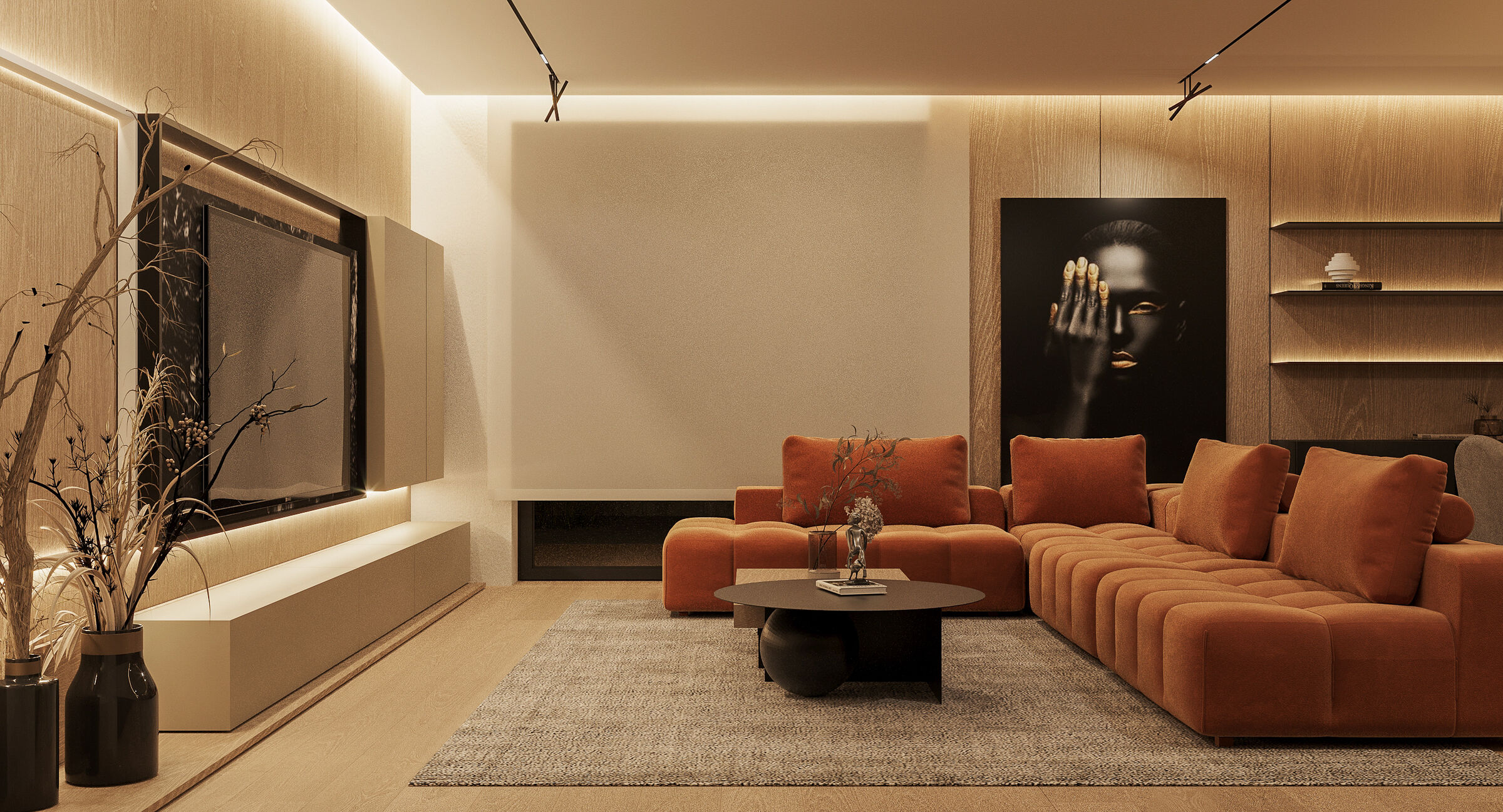 A warm and tactile living space defined by soft forms and a carefully balanced material palette.