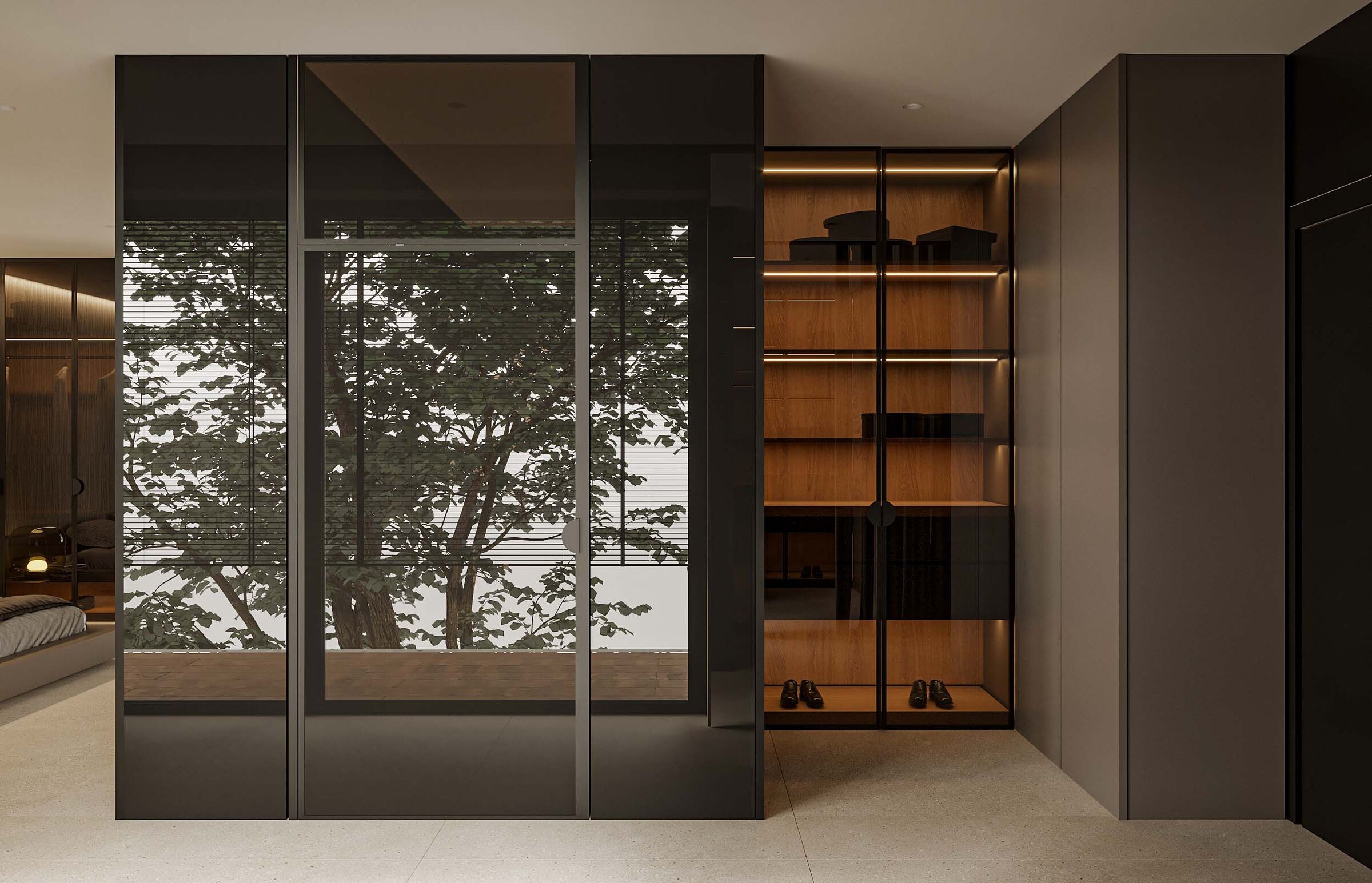 Glass and transparency introduce subtle reflections, expanding the perception of space.