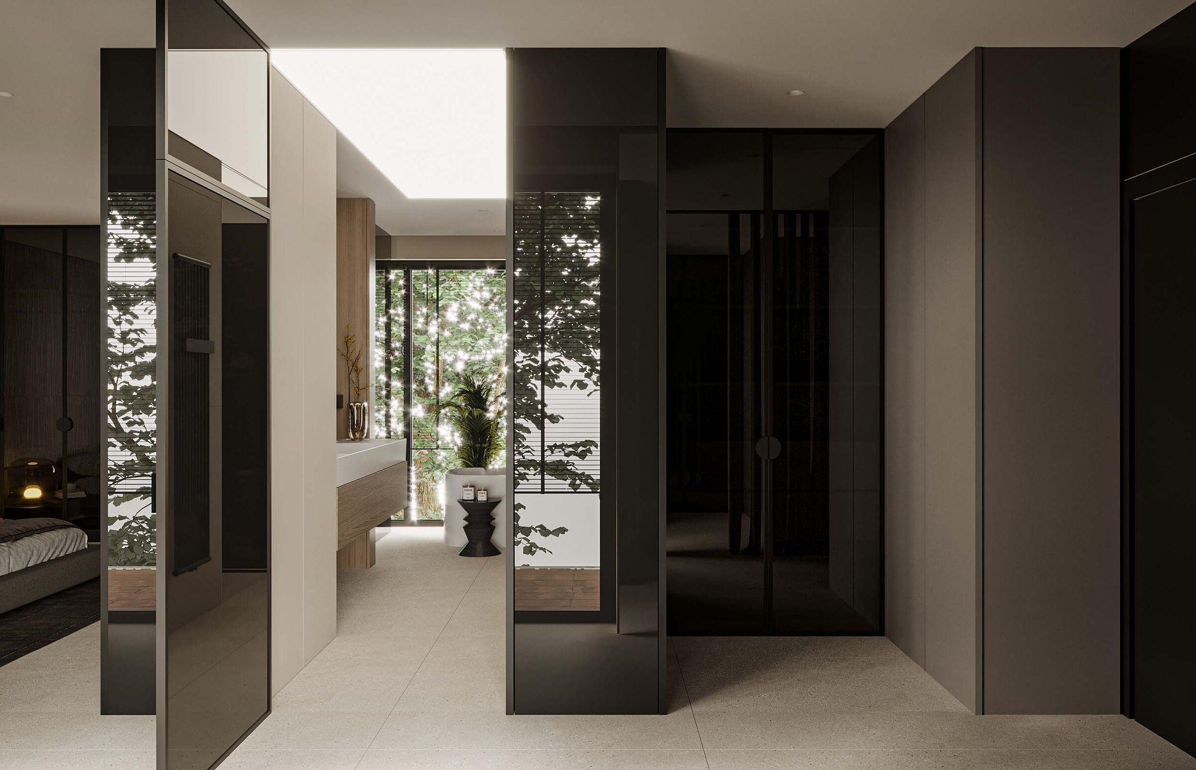 Circulation is treated as an open sequence, where light and material transitions define movement.