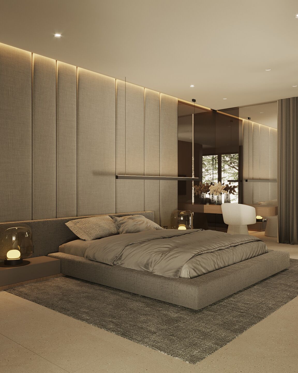 Integrated lighting emphasizes horizontality, enhancing the sense of rest and balance within the space.