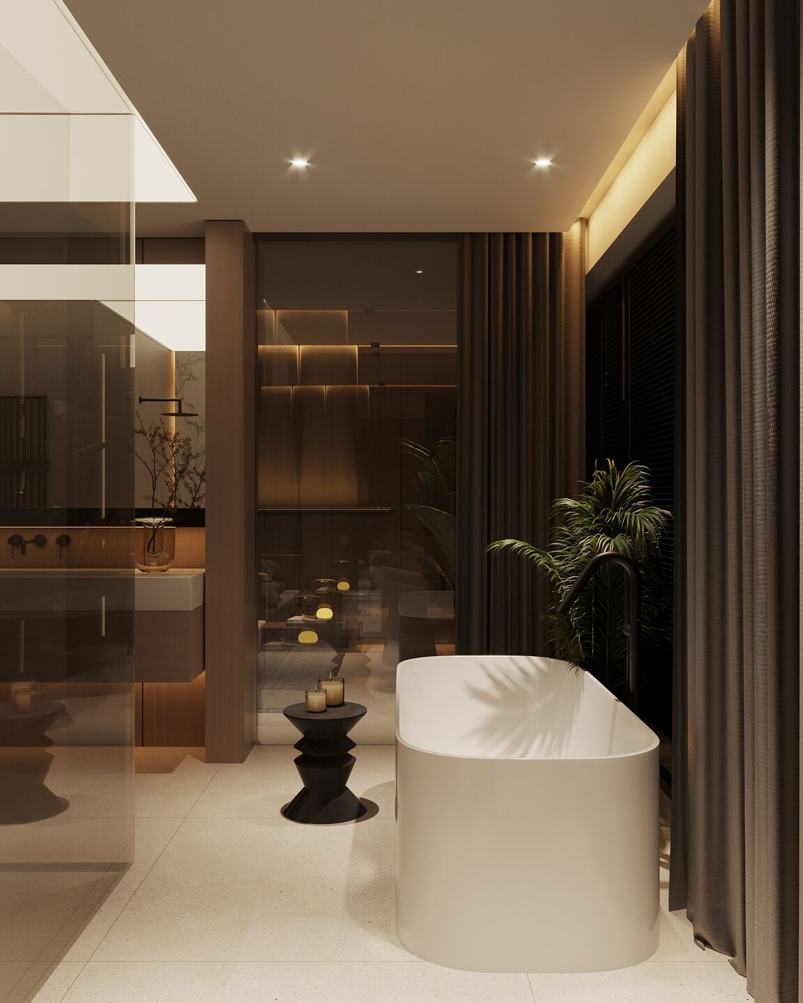 Warm light and reflective surfaces establish an intimate, atmospheric evening setting.