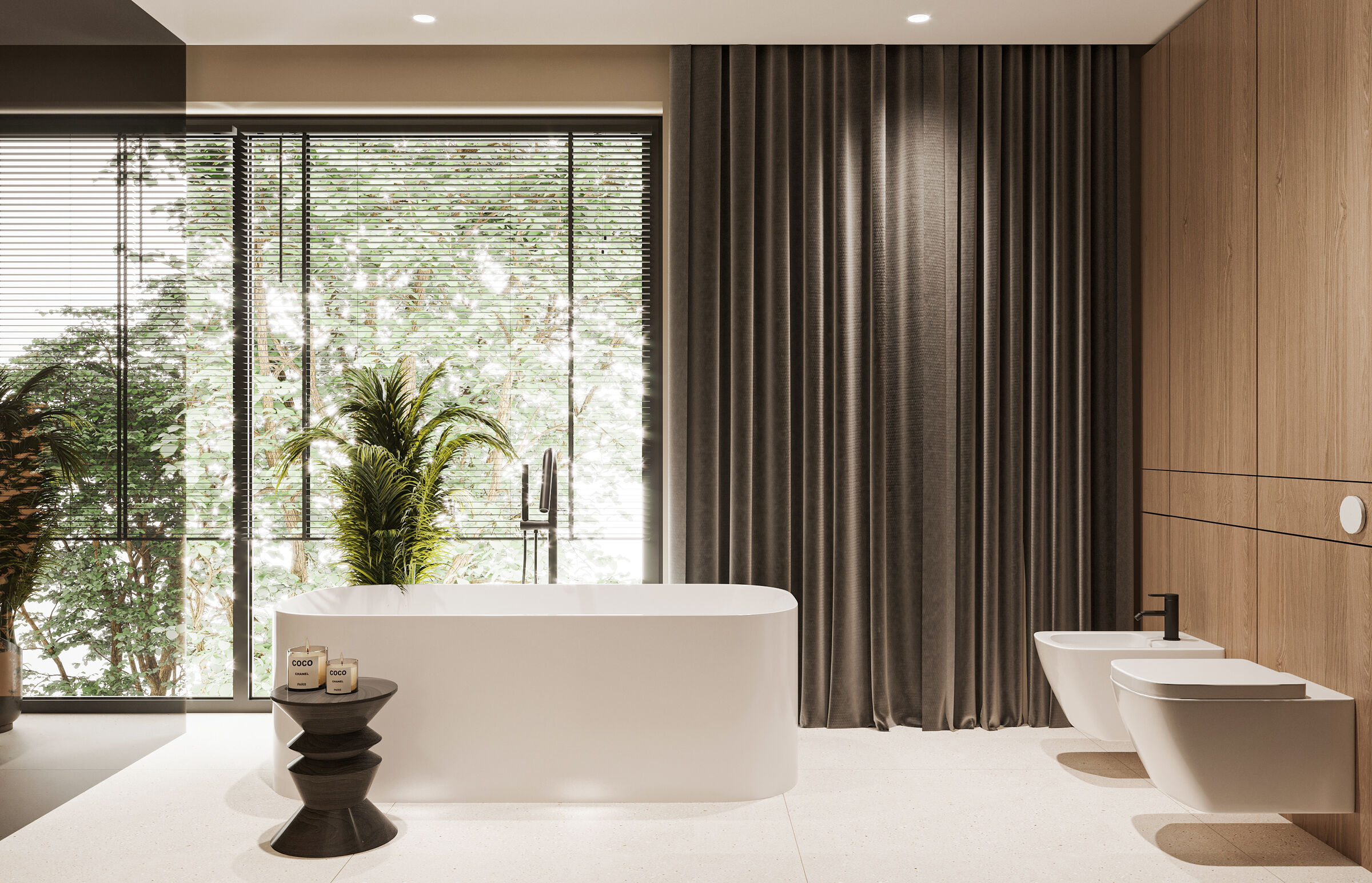 Large glazing connects the interior with the surrounding greenery, reinforcing a sense of openness.