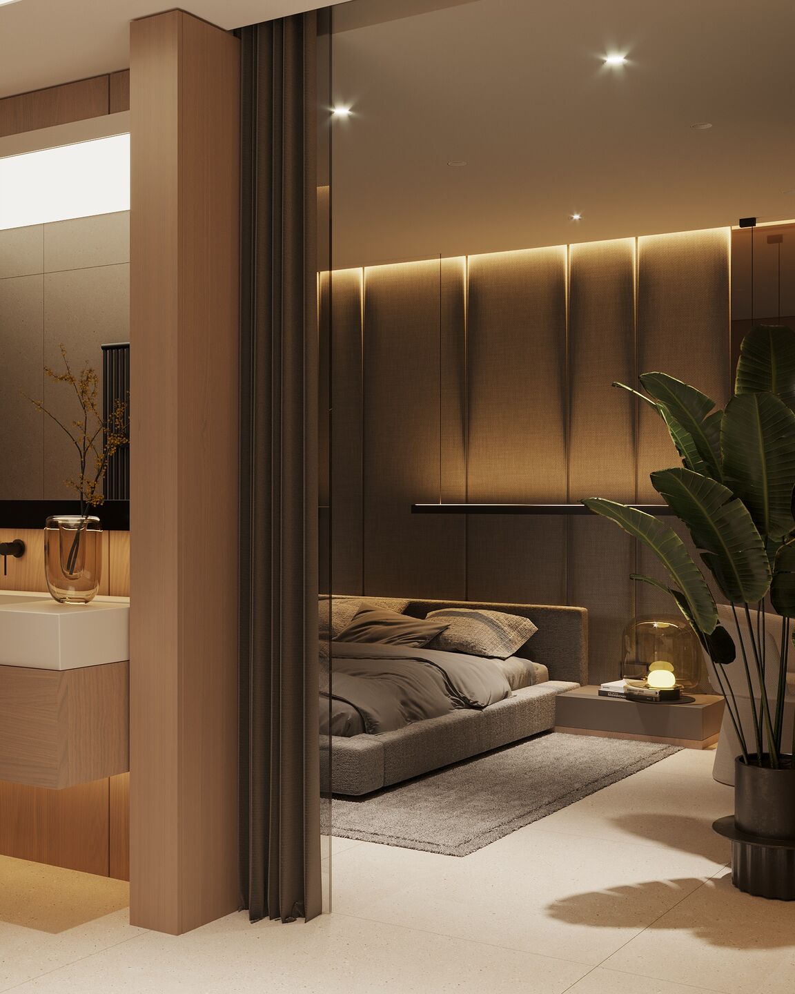 Soft lighting and layered textures create a quiet and intimate sleeping environment.
