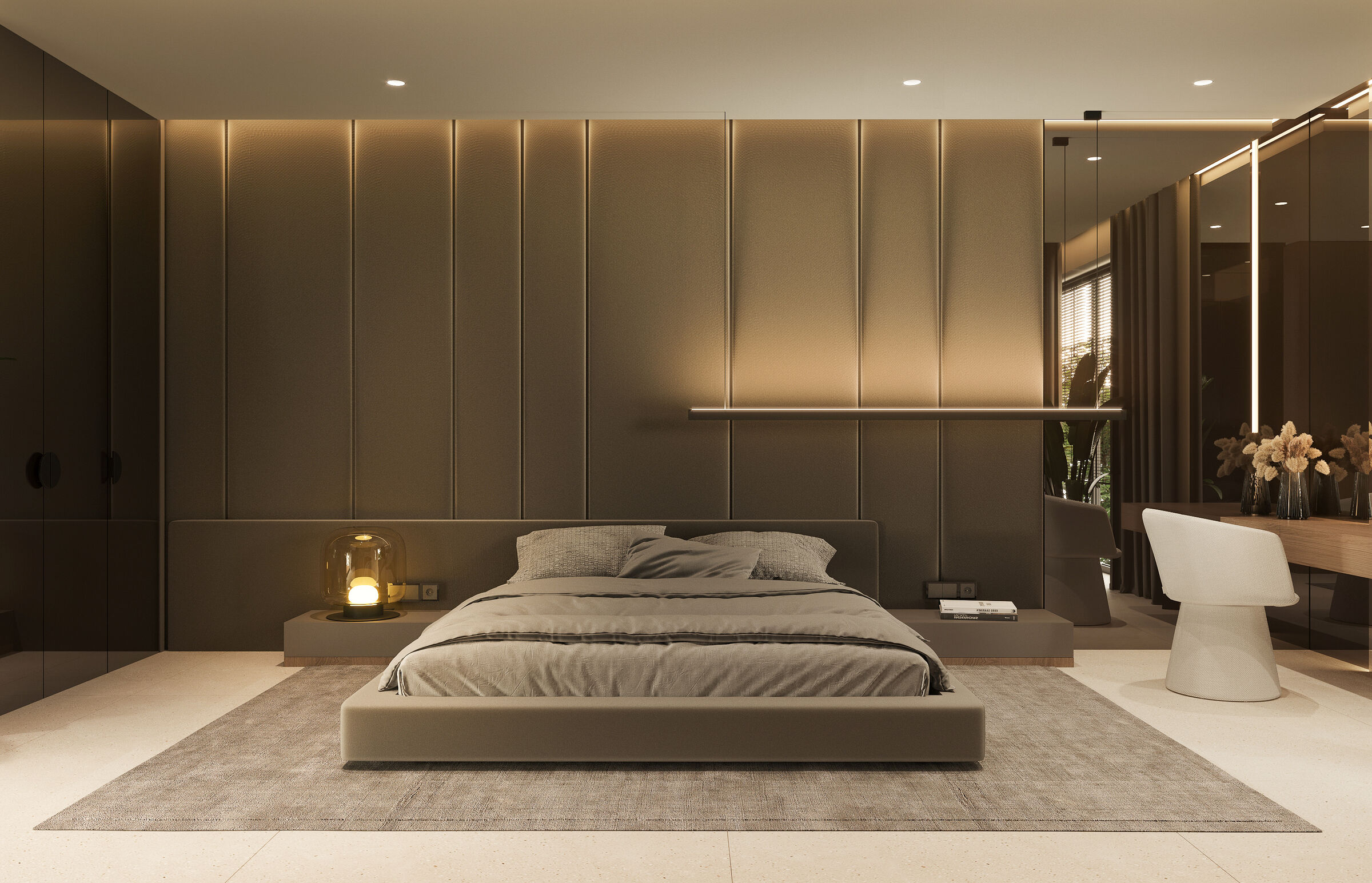 The bedroom is defined by restraint, where proportion and light shape a sense of calm.