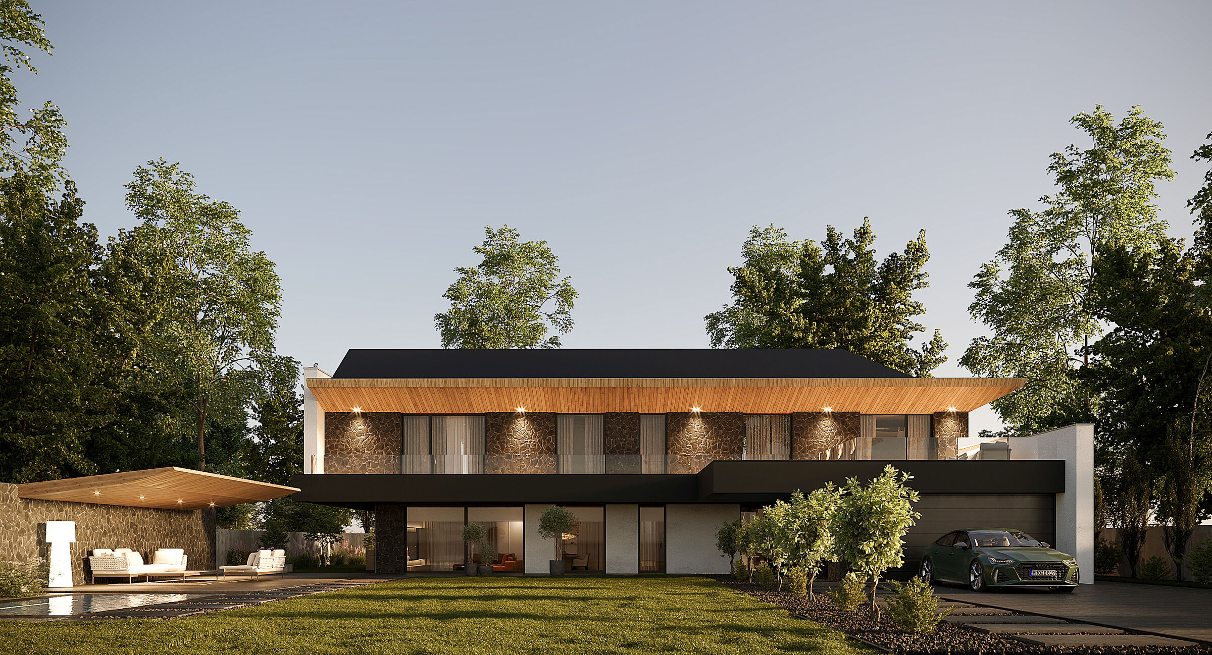 A restrained horizontal composition defines the house, balancing solidity with openness toward the landscape.