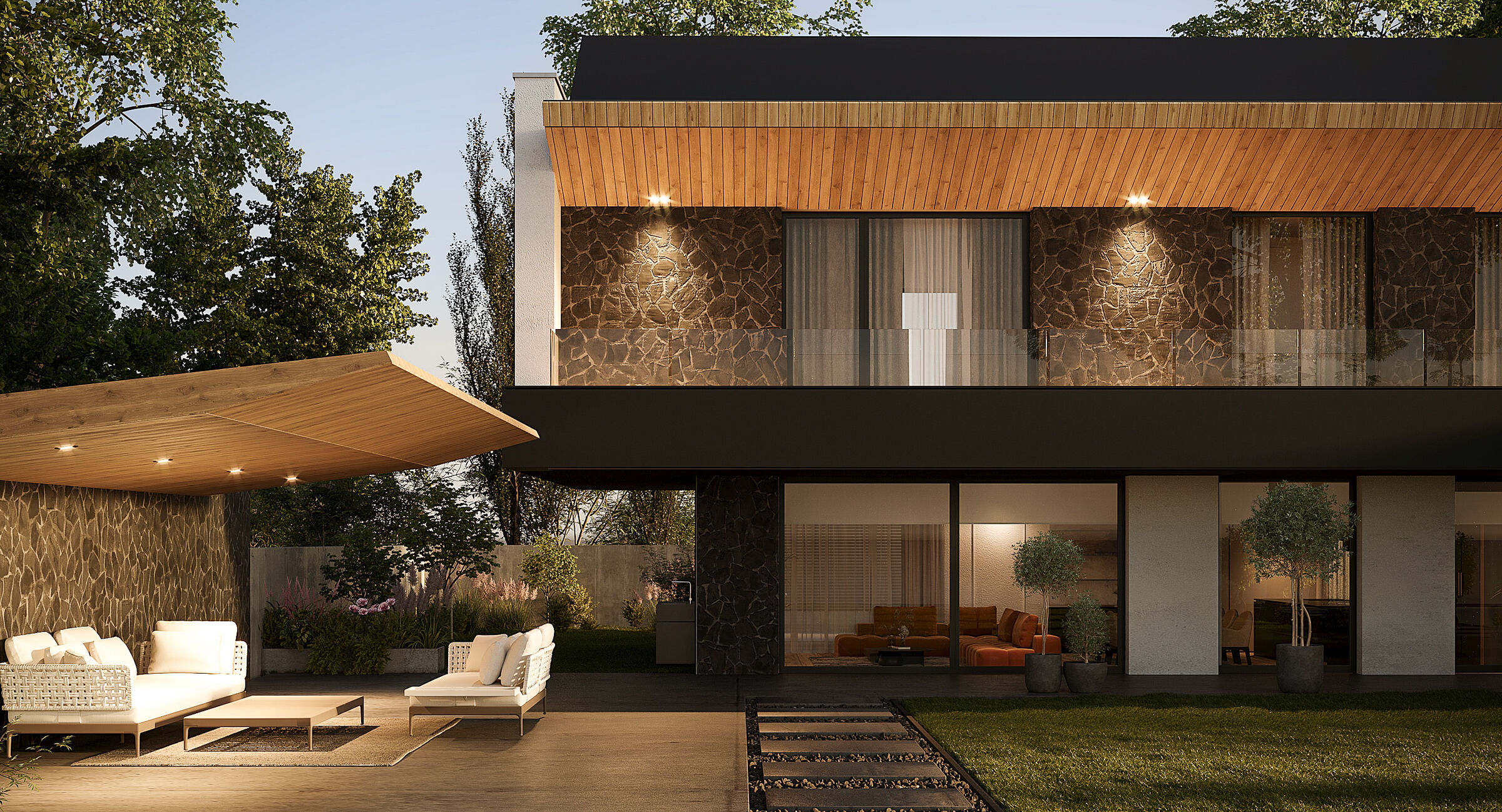 Warm illumination and natural materials extend the living space outward, creating a seamless indoor–outdoor connection.