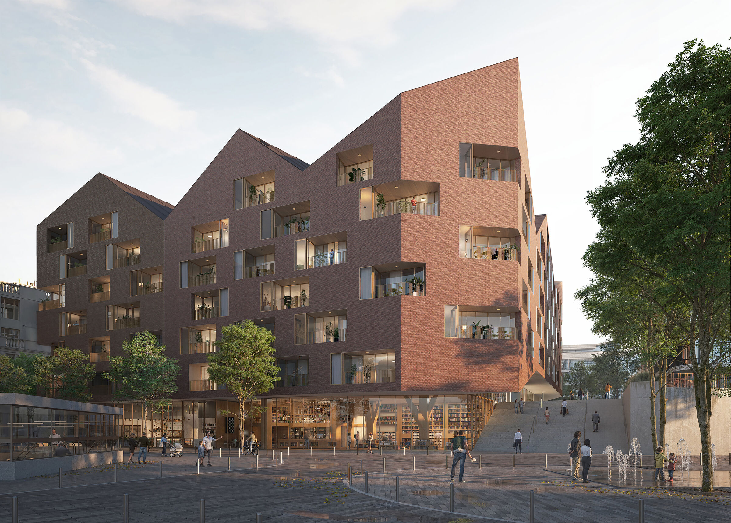 External view of the Urban Eden residential complex and the ground-floor commercial spaces