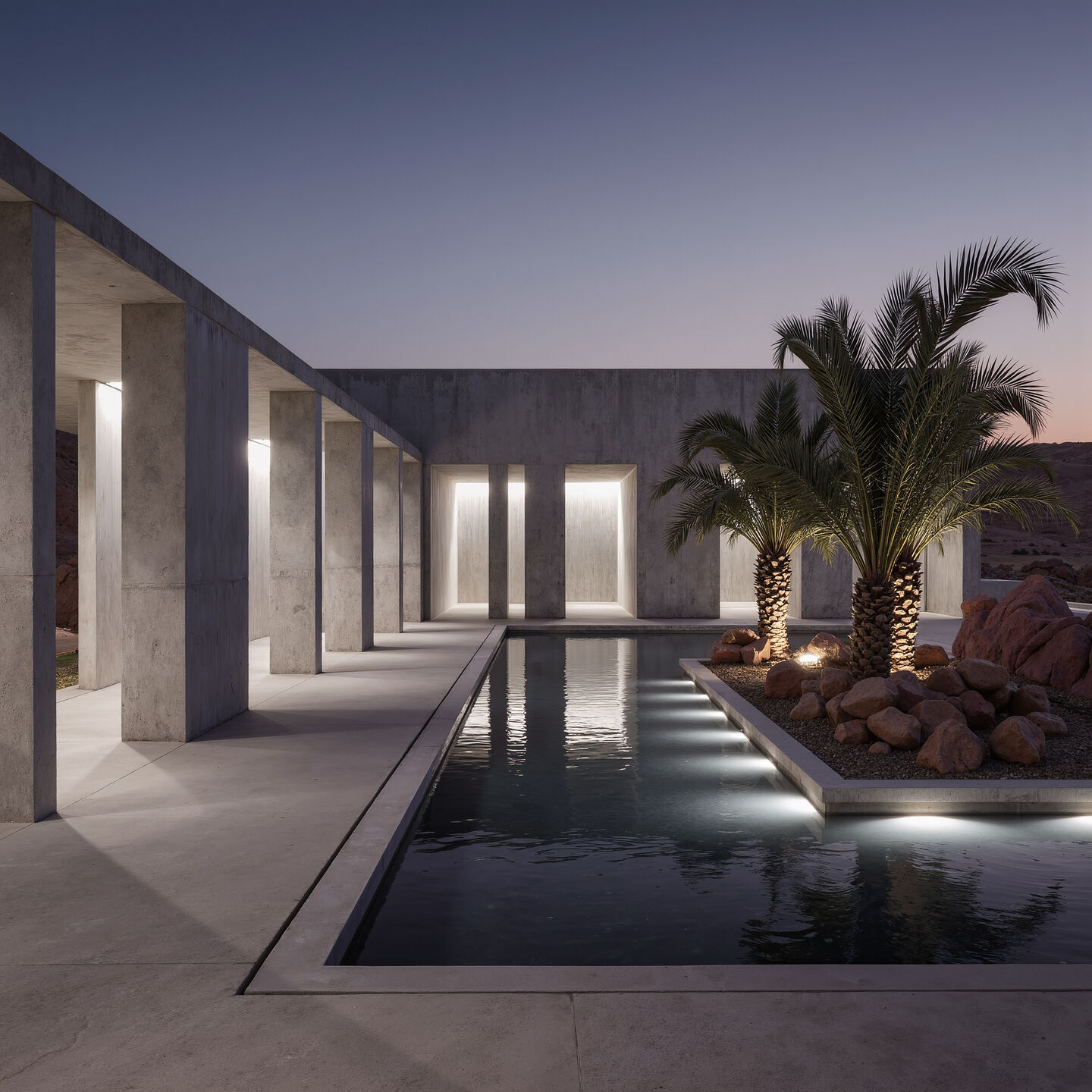Desert Accommodation — Central courtyard with water and shaded spaces