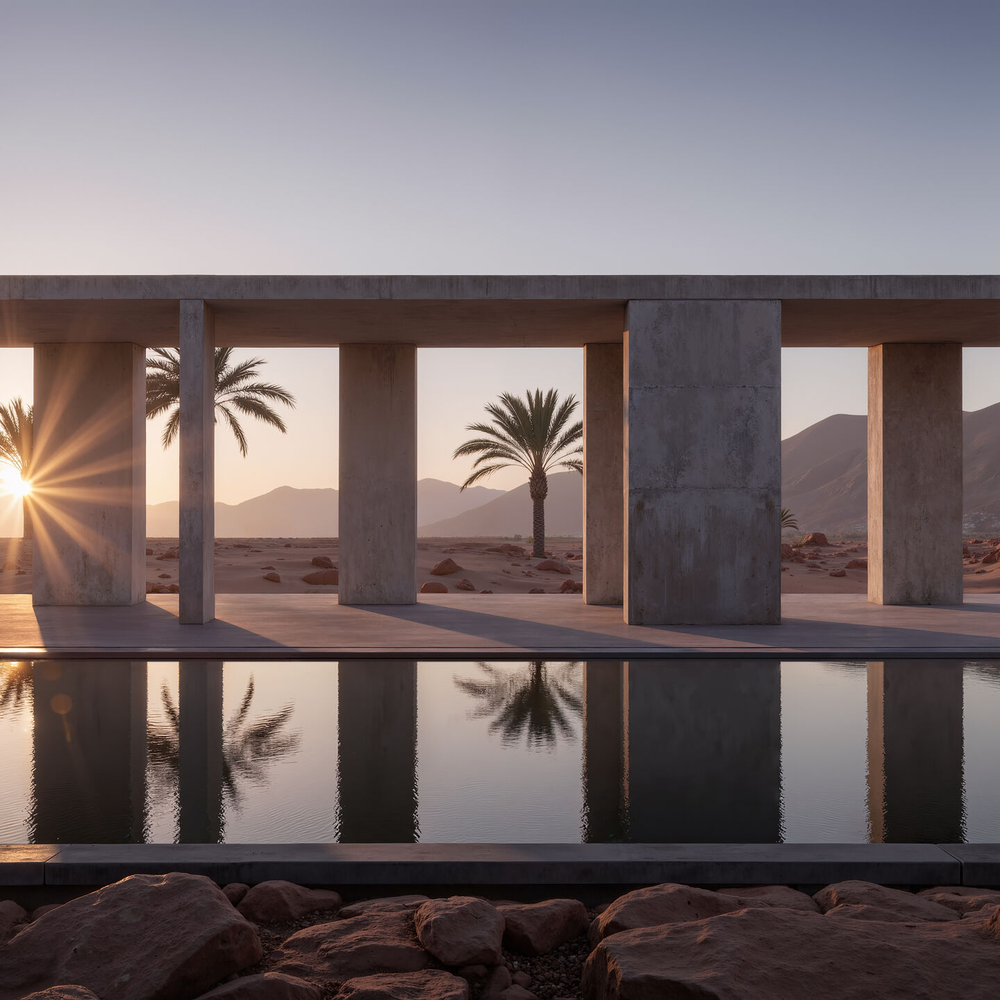 Inner courtyard — concrete colonnade, shade and water