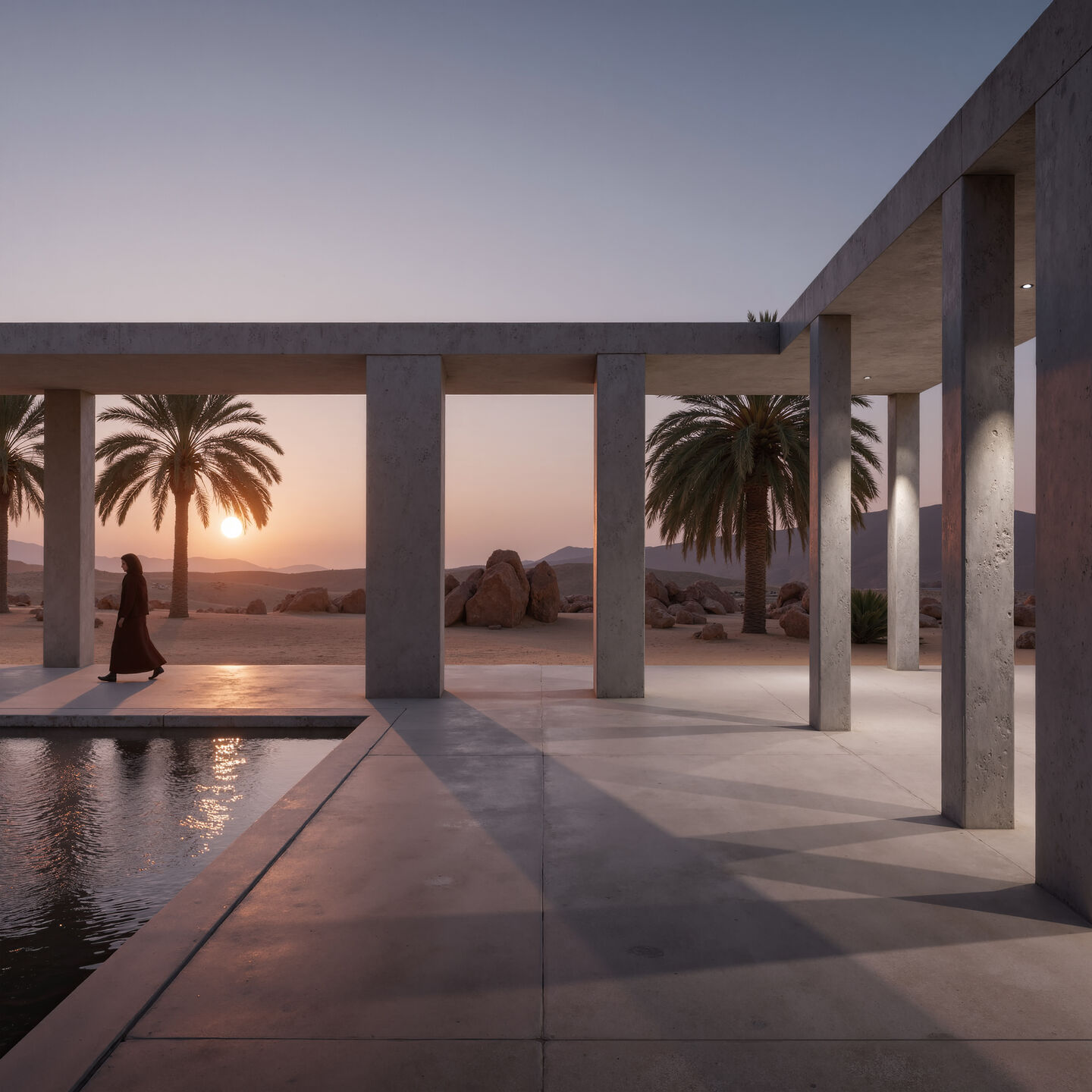 Courtyard perspective — shaded colonnade and water element