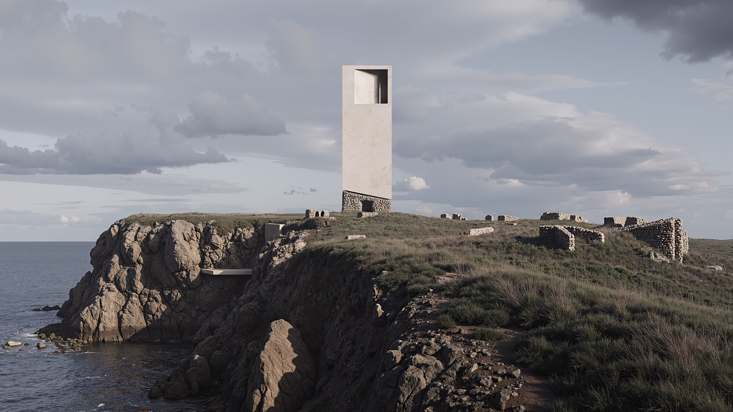ruins of the fortress at the junction of the ocean, rocks and boundless sky