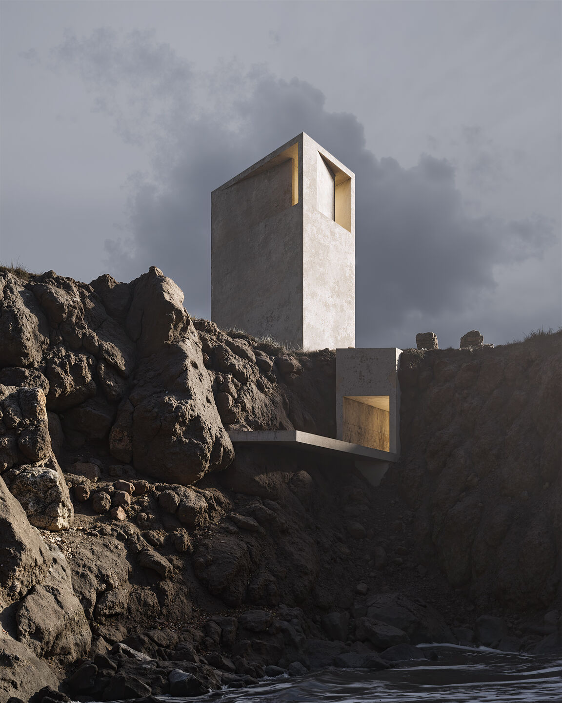the monolithic volume against the background of steep cliffs breaking into the ocean