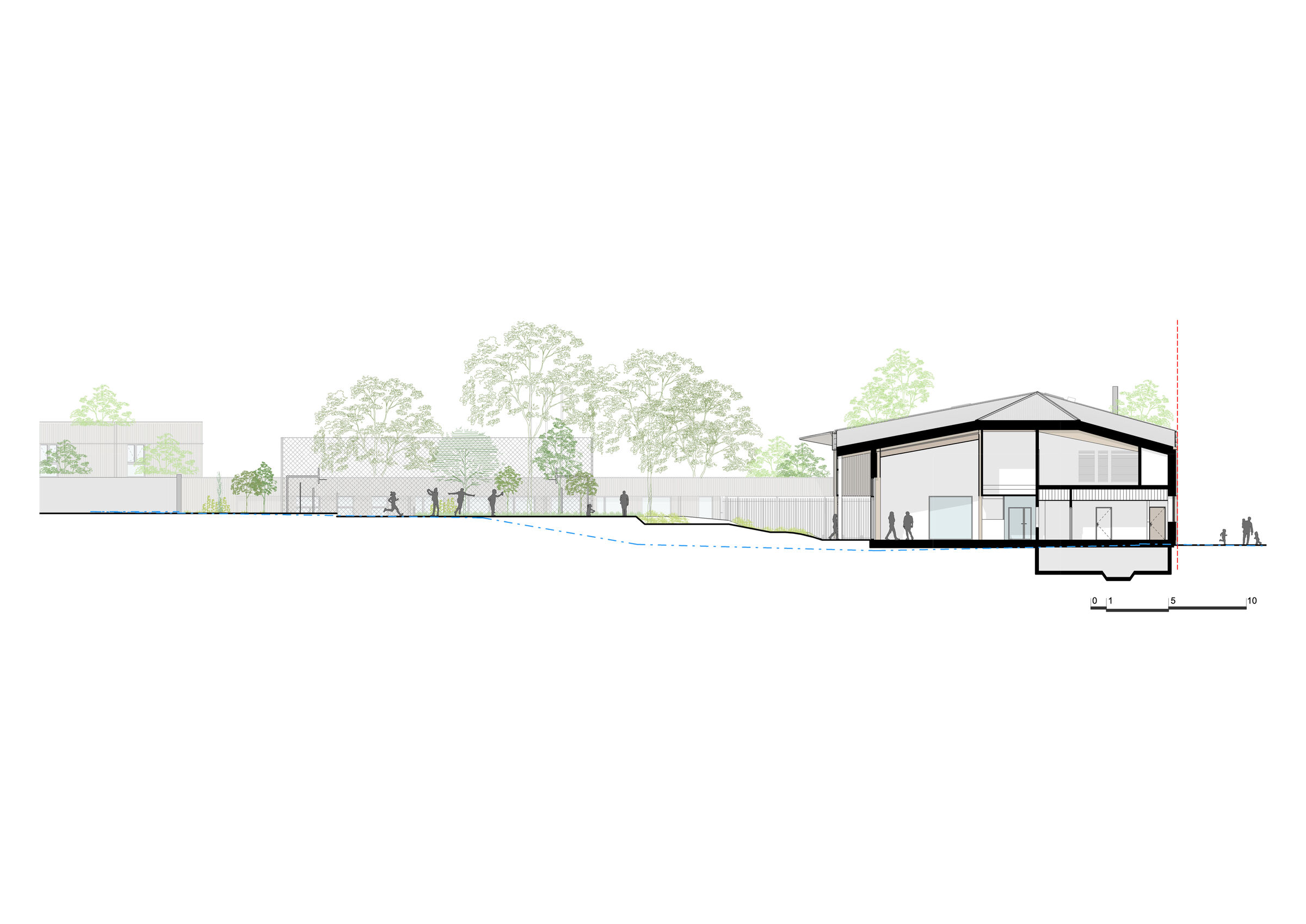 Cross-section of main school building - catering facilities end