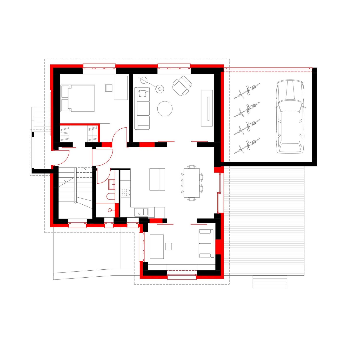 Ground floor newly built walls (red)