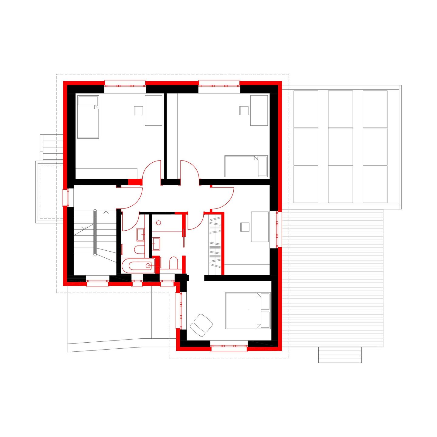 Upper floor - newly constructed walls (red)