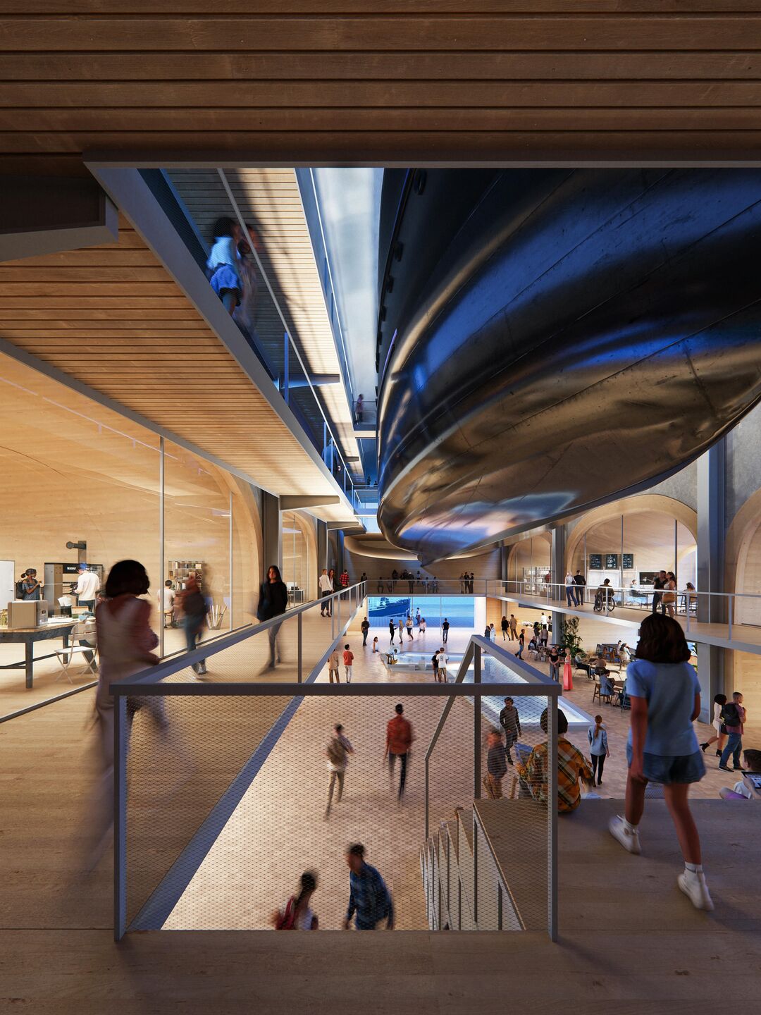 Interior space of the Welcome area with the historical tugboat De Hudson hanging