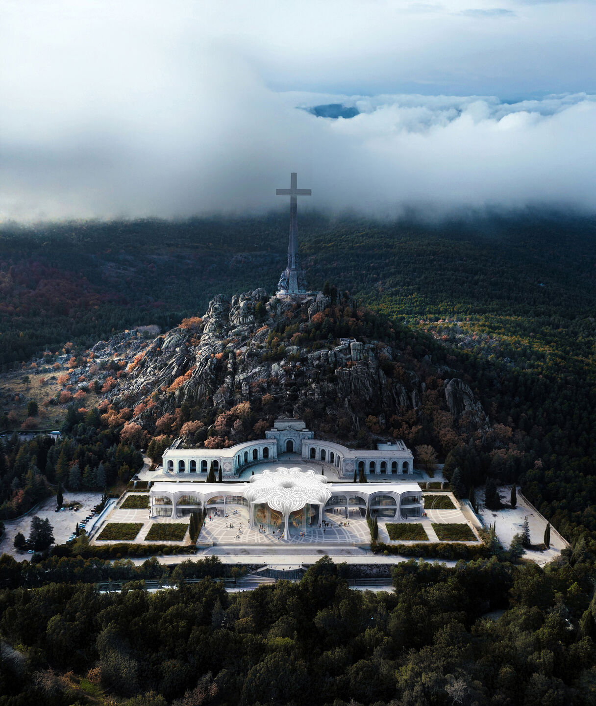 Misty Aerial: The Sanctuary Shrouded in Dawn's Veil