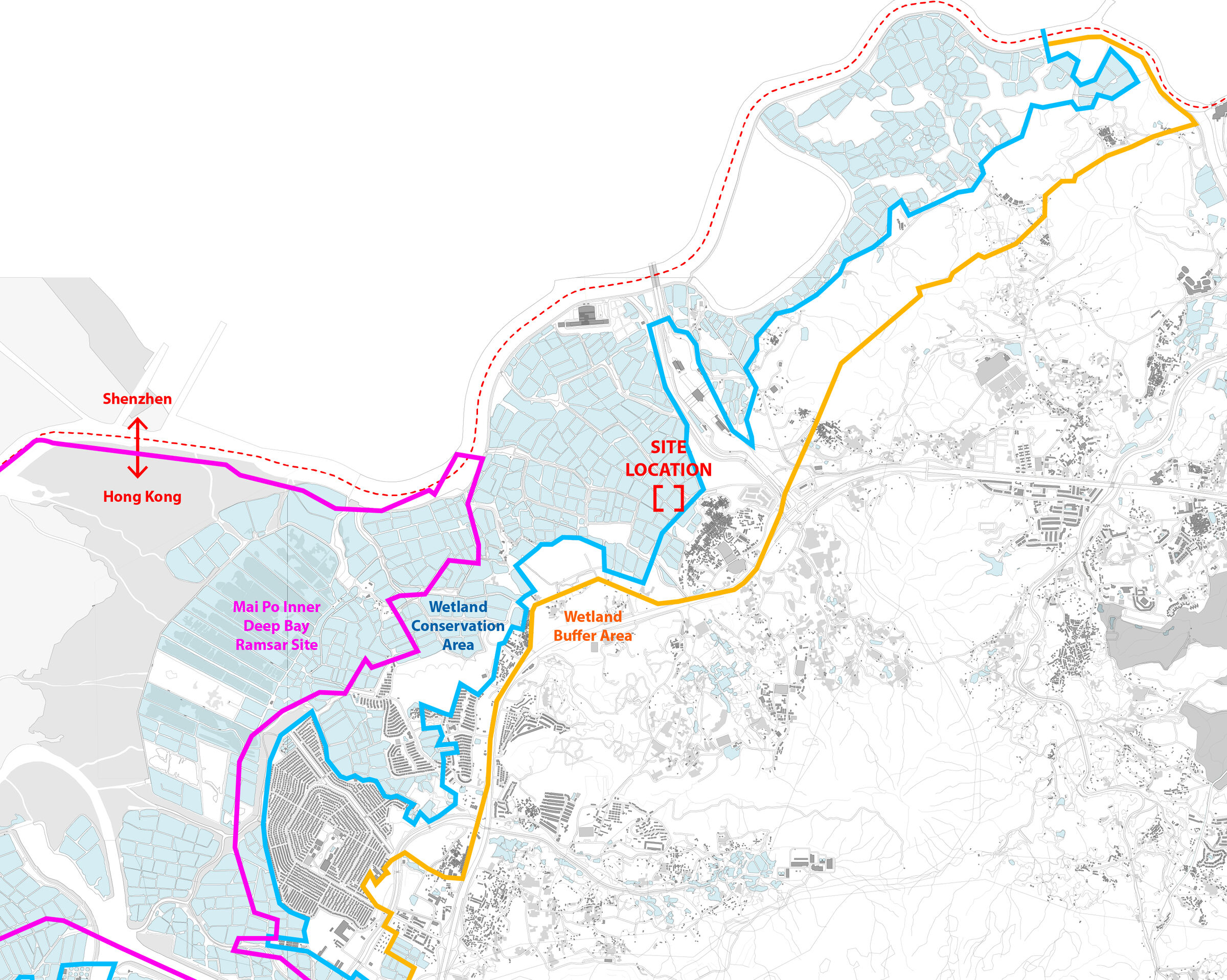 Location Plan: Plan of the area showing the contiguous fishponds along the Hong Kong-Shenzhen border, as well as the corresponding conservation boundaries that the project has to respond to.