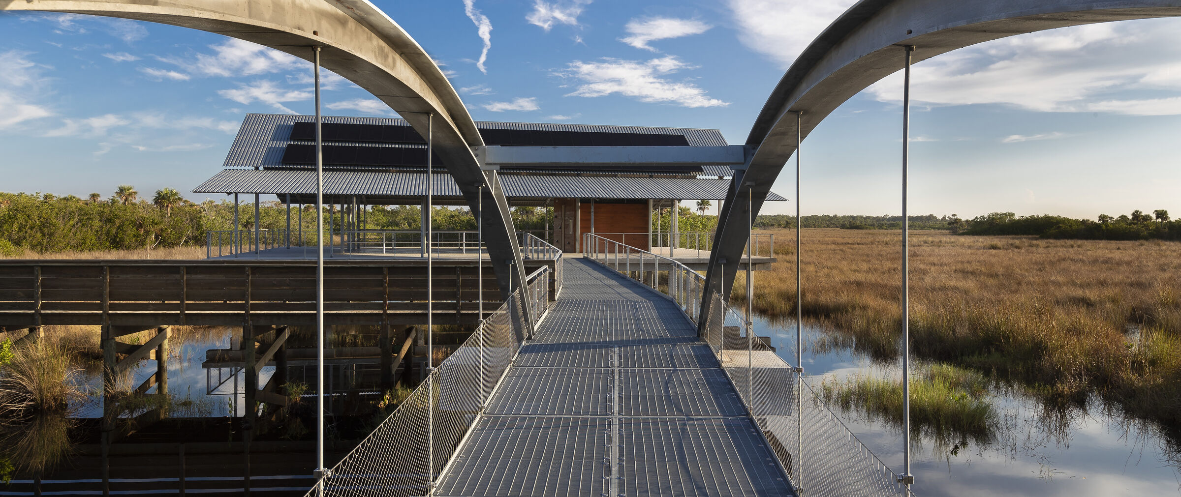 view of pavilion from pedestrian bridge