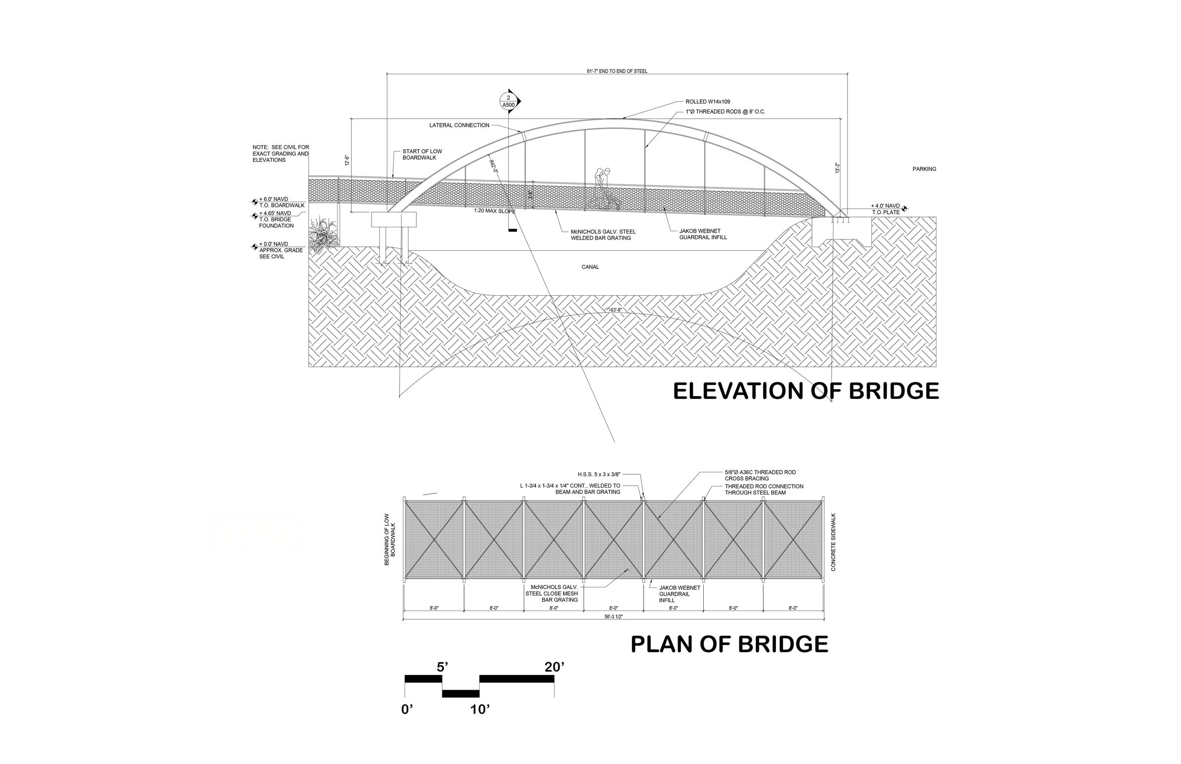 plan and elevation of pedestrian bridge