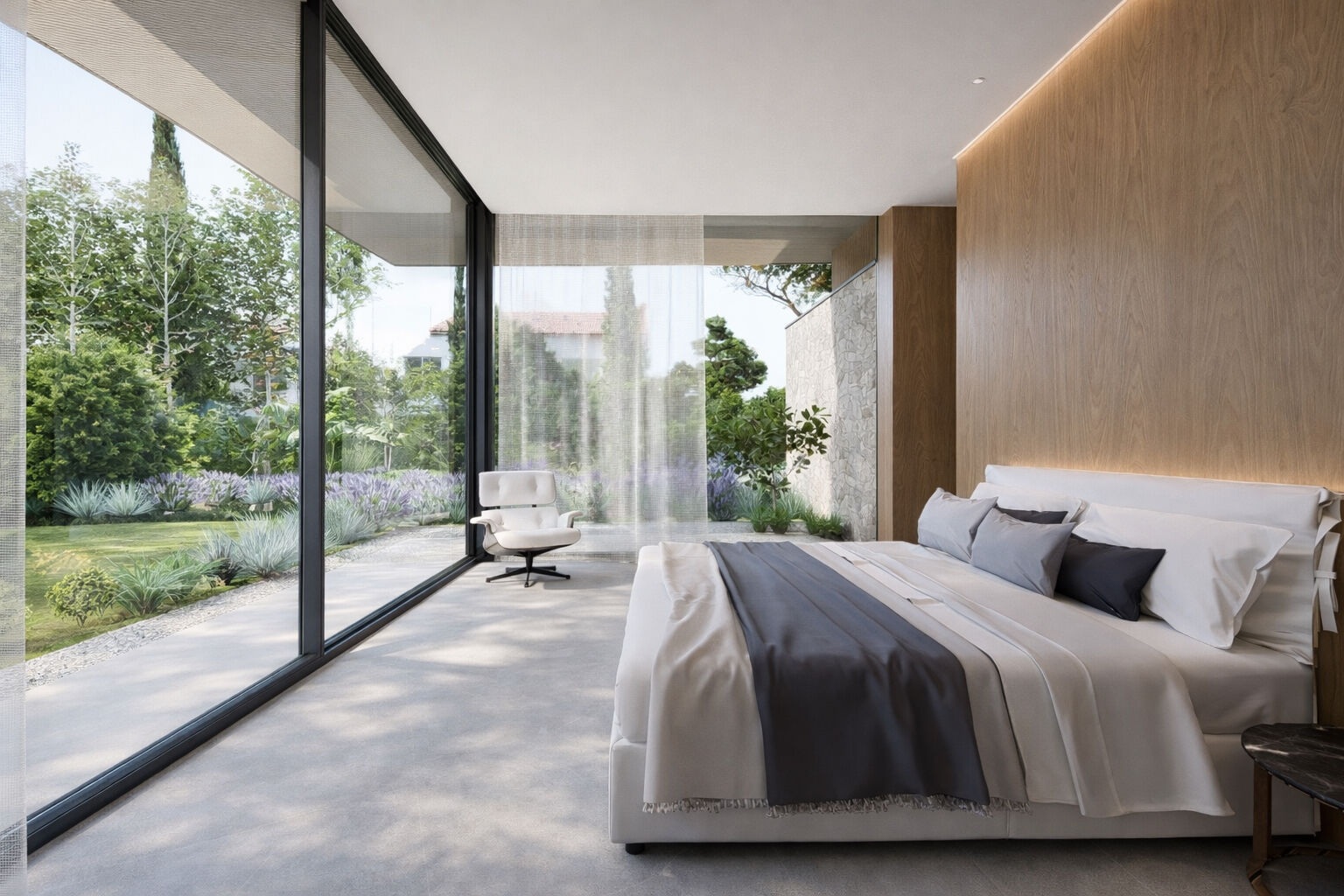 Master bedroom bathed in natural light, with clean lines and a serene, enveloping atmosphere