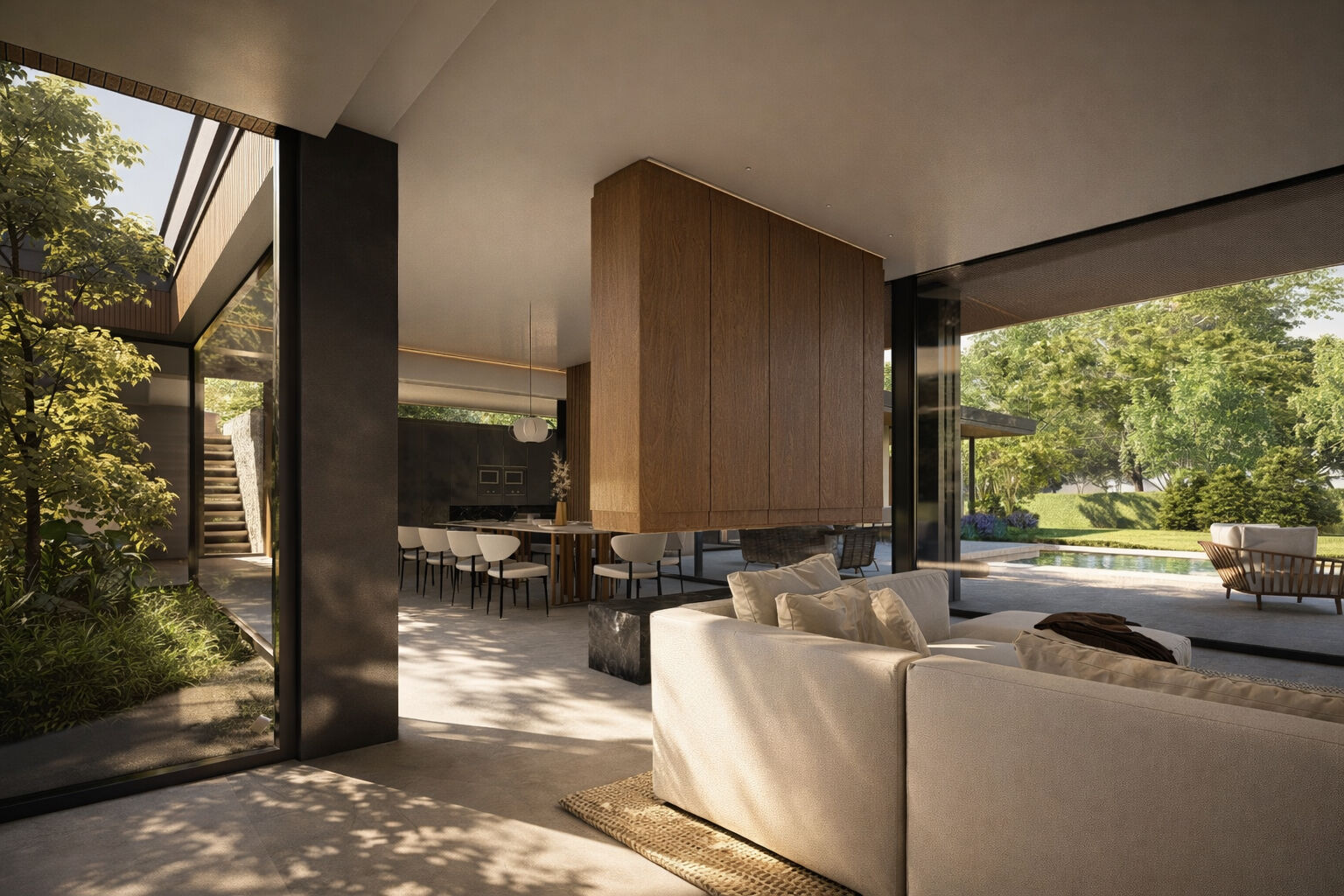Living room overlooking the garden and swimming pool