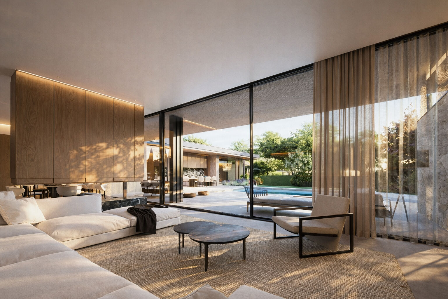 Living room with fireplace overlooking the garden