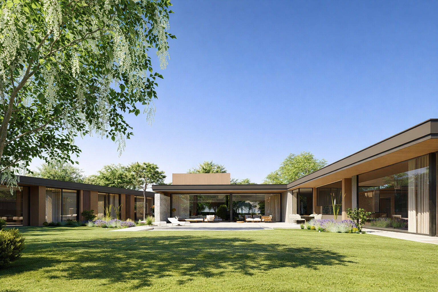 General view of the garden, swimming pool, and house