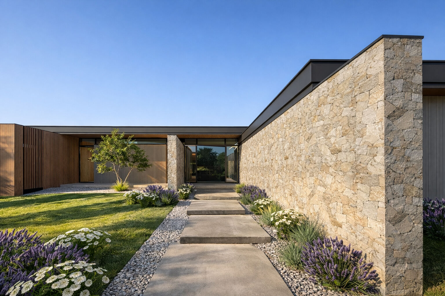Modern entrance with a flower garden