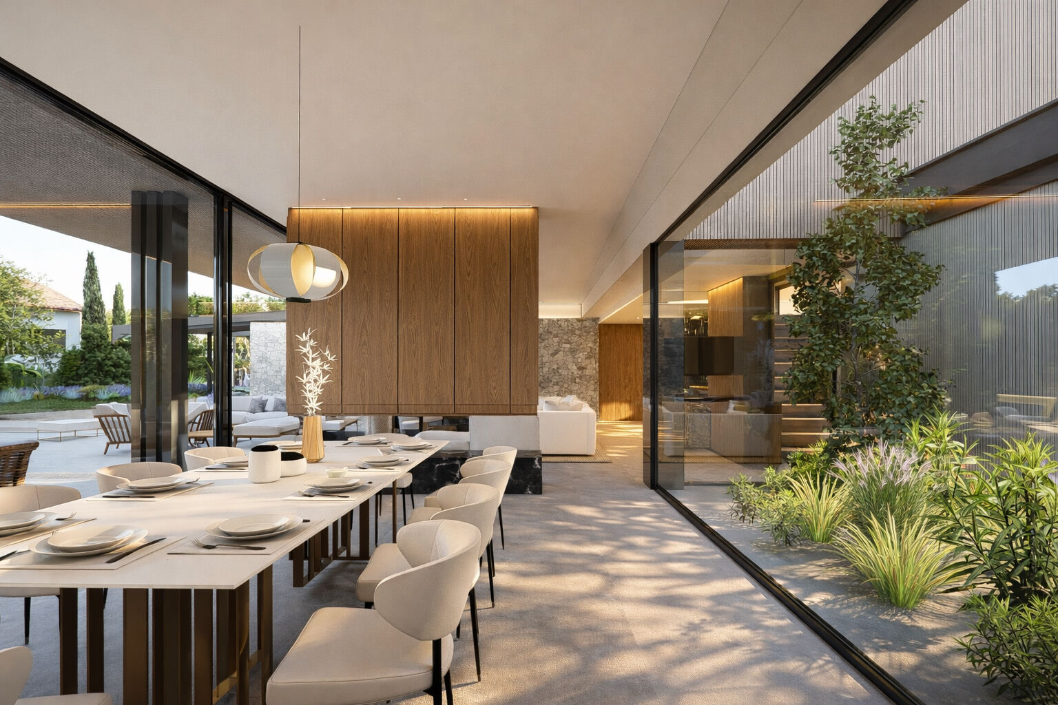 Living-dining room with fireplace and interior patio