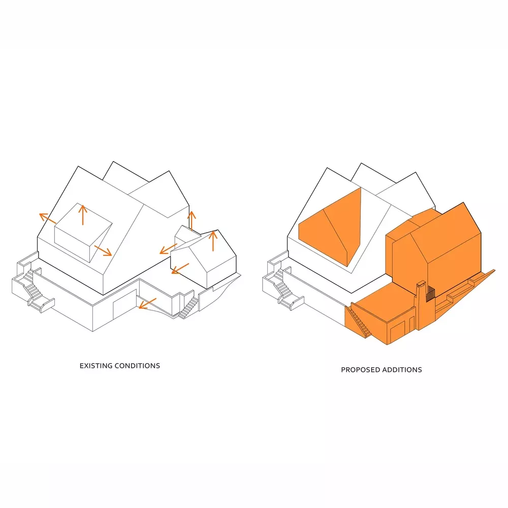 Massing Diagram, Before and After Additions