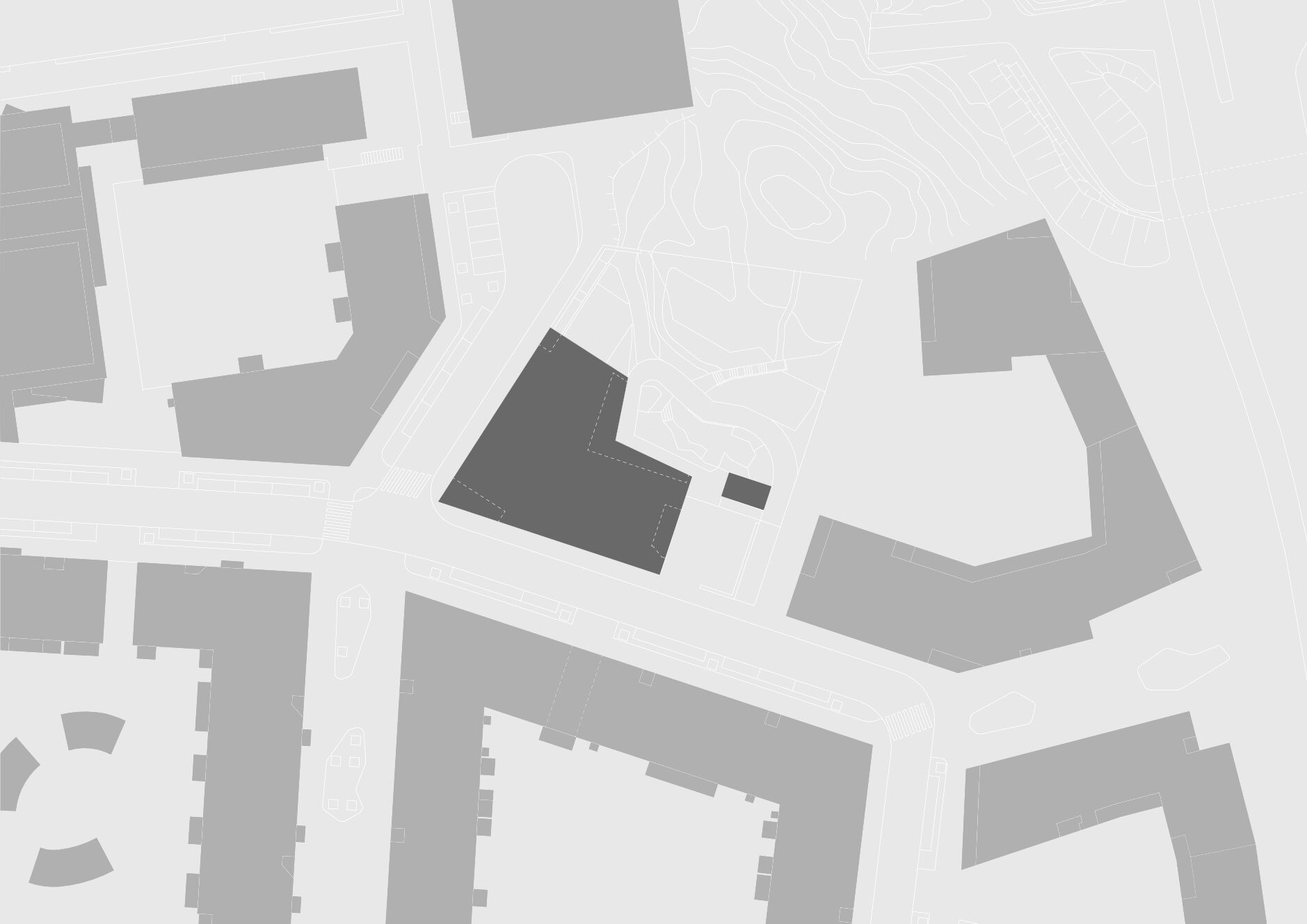 Site Plan - The compact daycare building occupies a prominent location at the intersection of Kollikatu and Lavakatu streets, where the urban block structure meets the rugged rocky terrain.