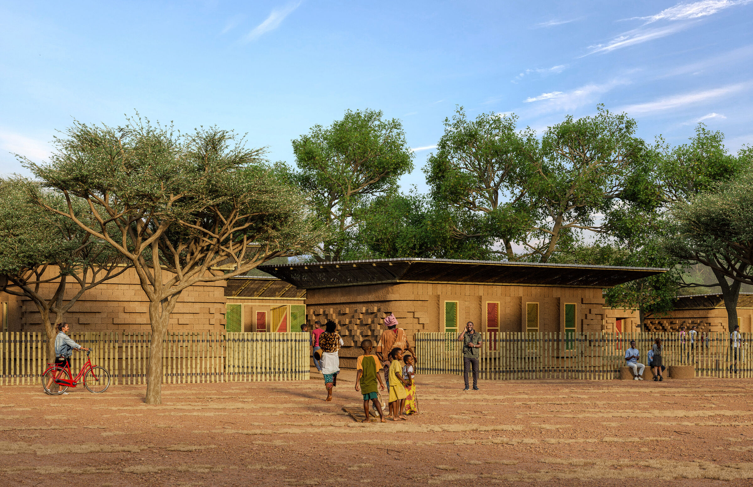 School entryway, the sinuous fencing allows for public amenities.