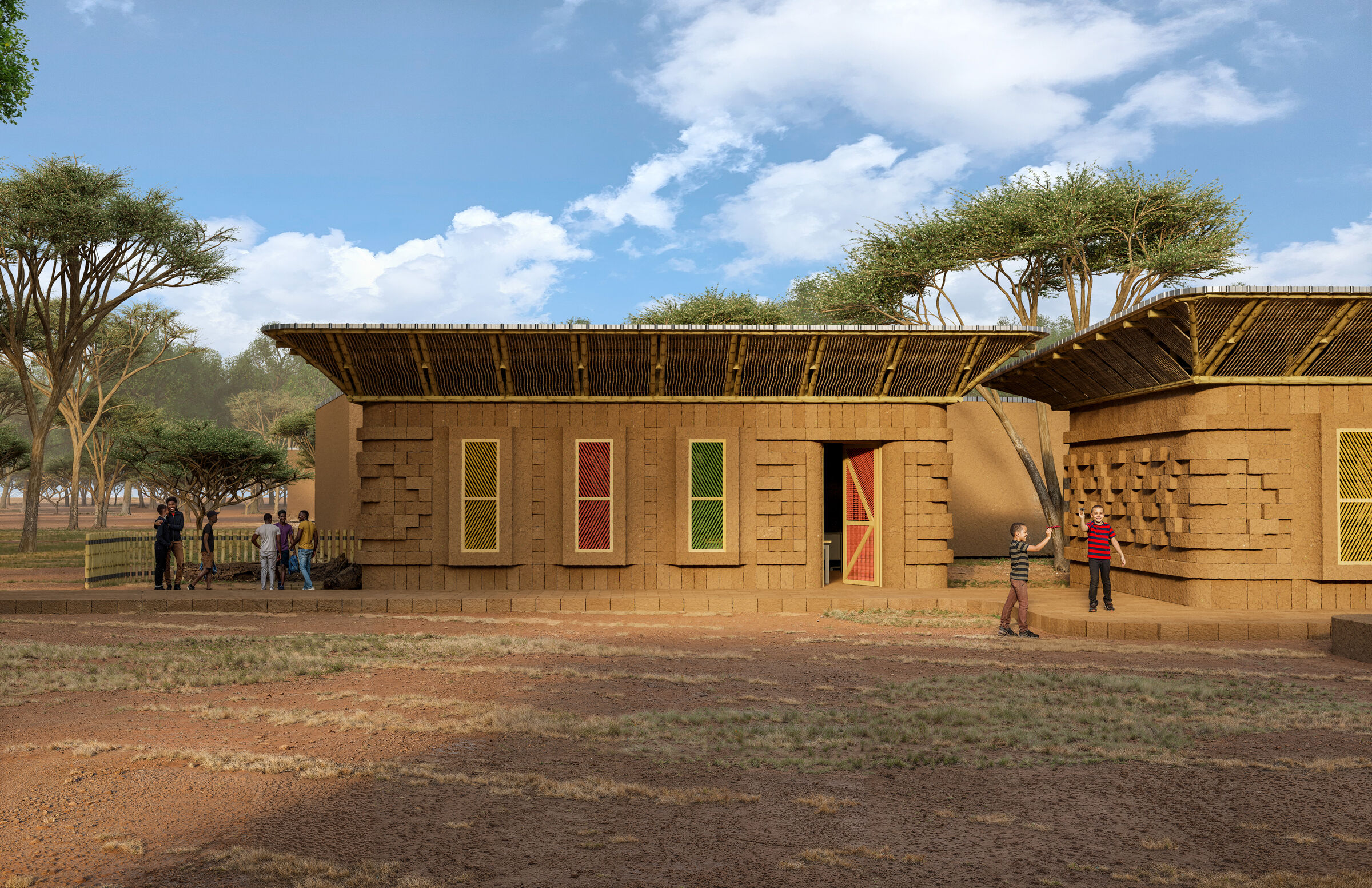 Each pavillion reinterprets craftsmanship motifs and colors.