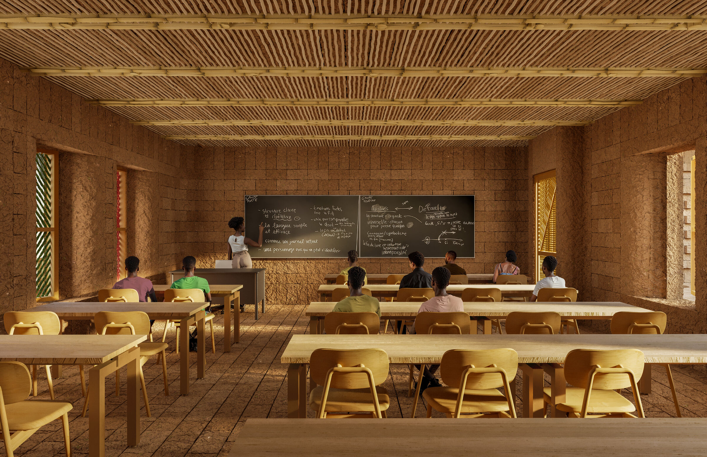 Classrooms are designed for optimal ventilation, while operable windows can regulate the interior lighting,