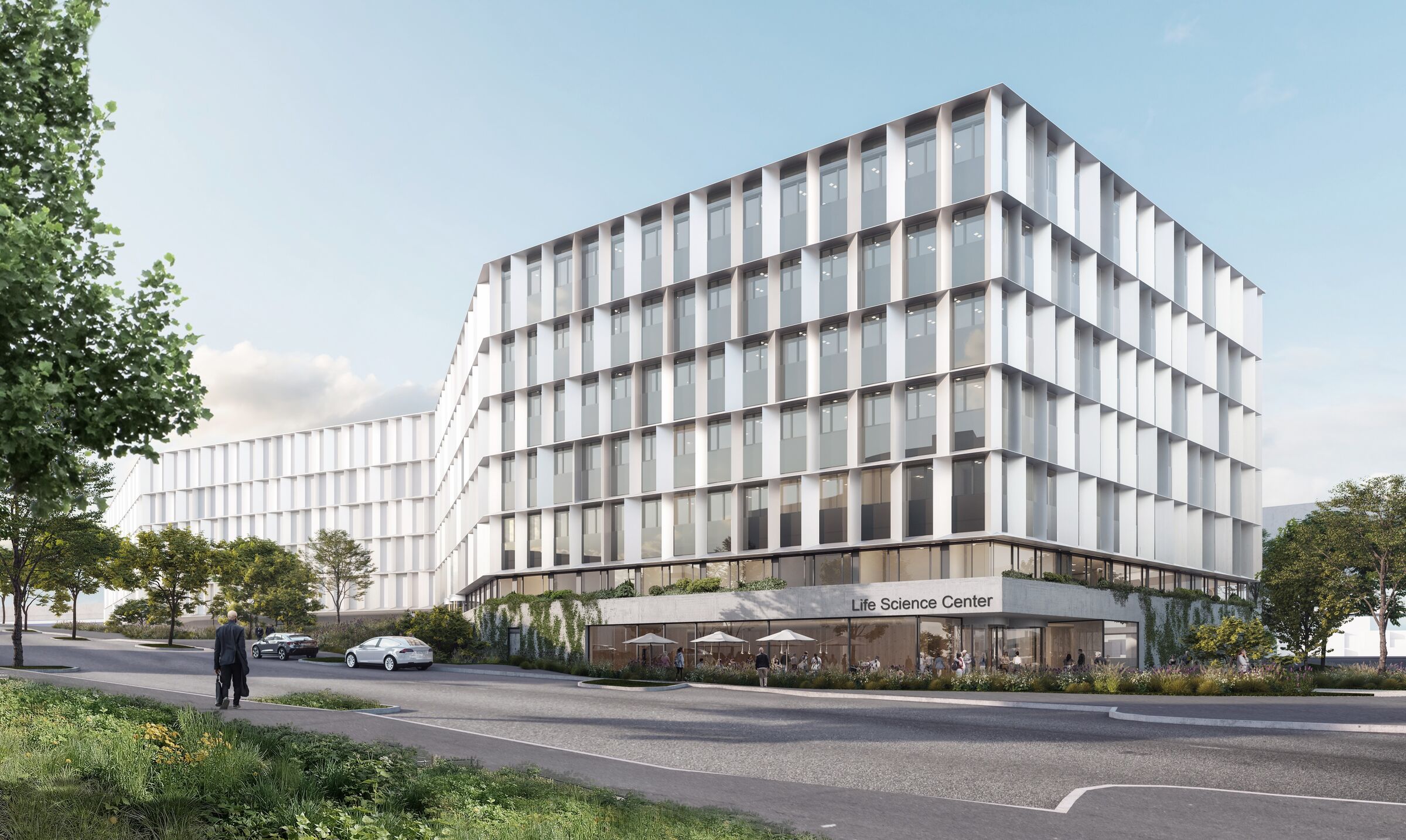 Street view of the Life Science Center, featuring a transparent ground floor and a clearly defined facade structure