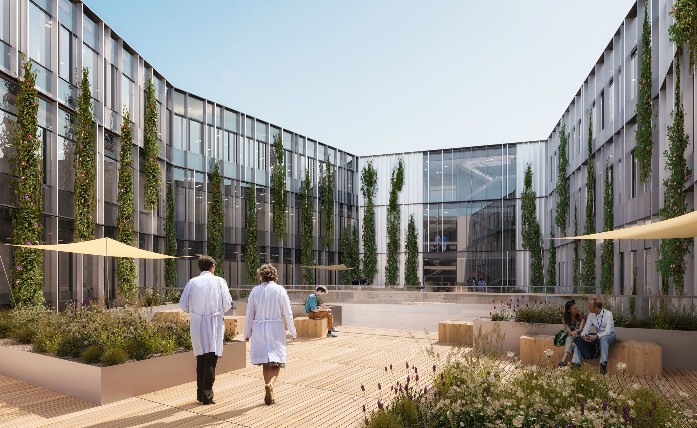A courtyard with greenery and open spaces provides the adjacent workspaces with natural daylight and helps improve the microclimate