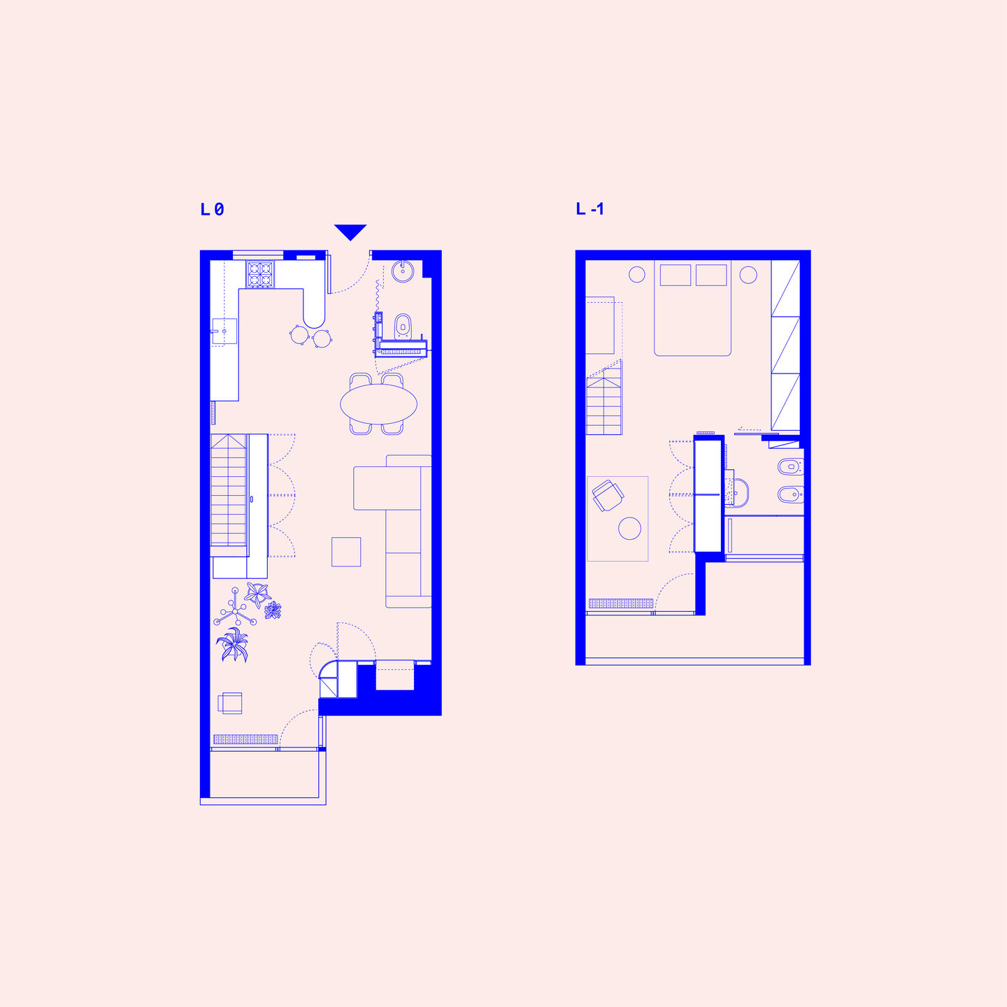 Ground floor plan (level 0), living area, and lower floor plan (level -1), sleeping area