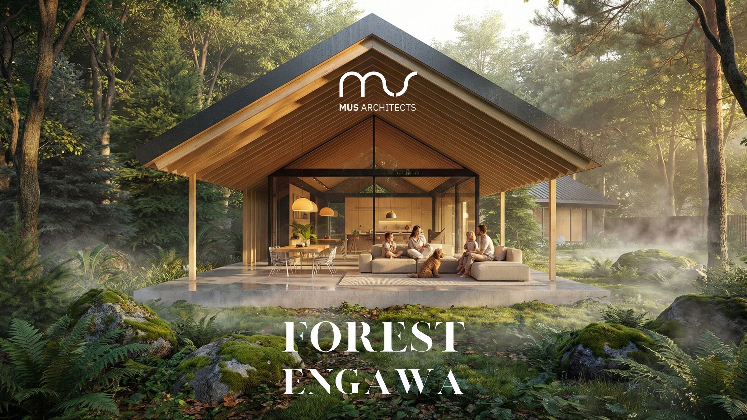 single-story pavilion immersed in a forest clearing
