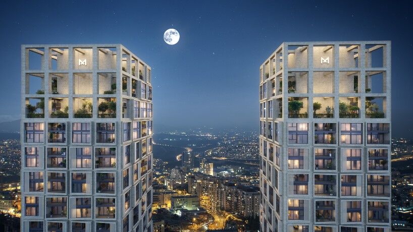 Midtown Jerusalem residential towers by De La Fontaine Architecture – night skyline view