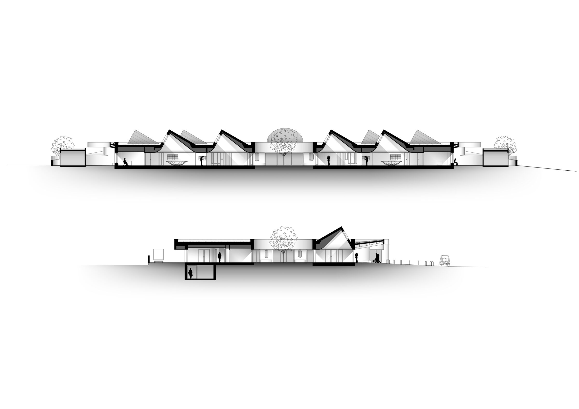 Rhythmic alternation of sheds and the central dome, orchestrating natural light at the heart of the nursery.
