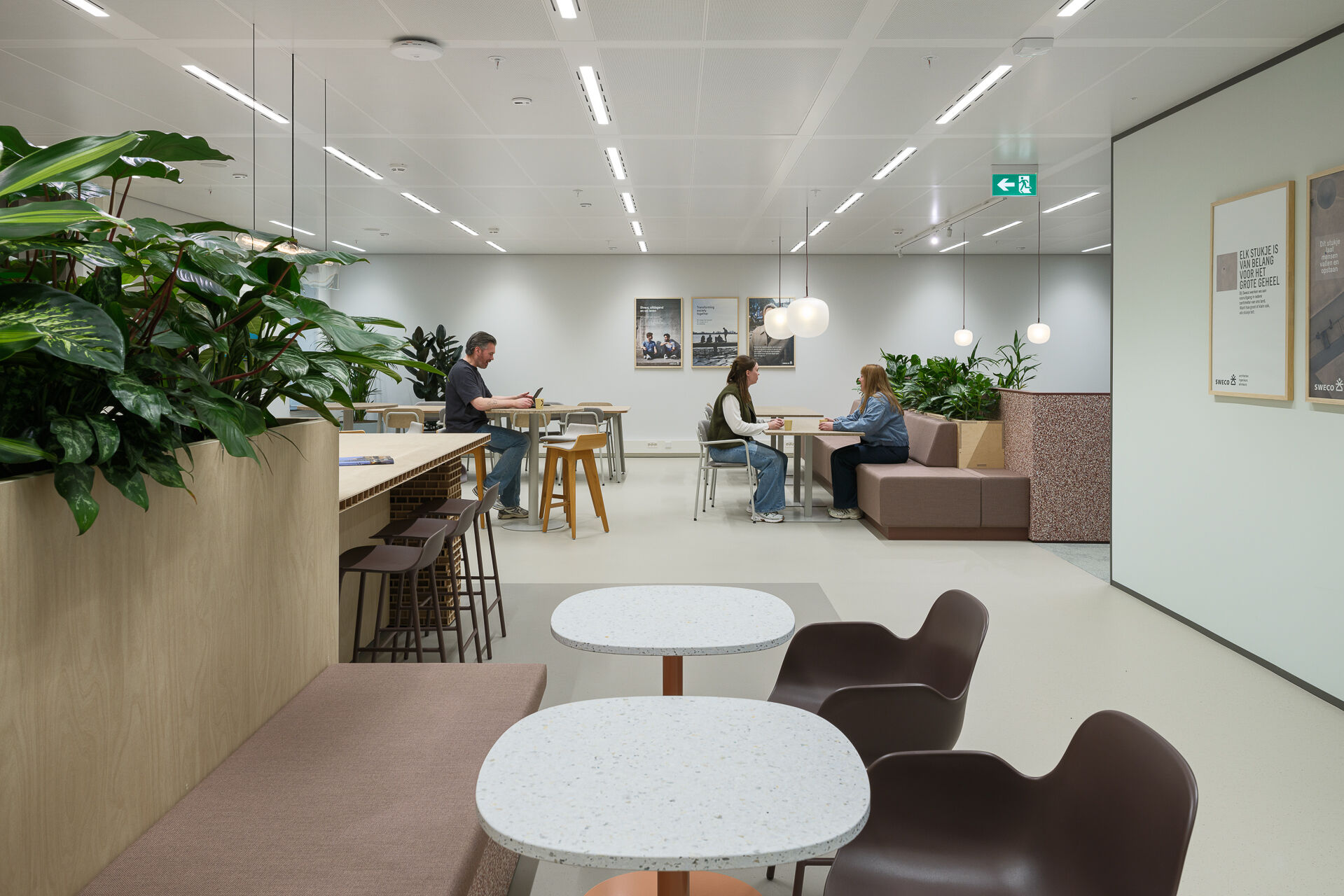 Forbo Marmoleum Cocoa flooring in the open collaboration zone. The material contains 98% natural raw materials and is CO₂ neutral across its full lifecycle.