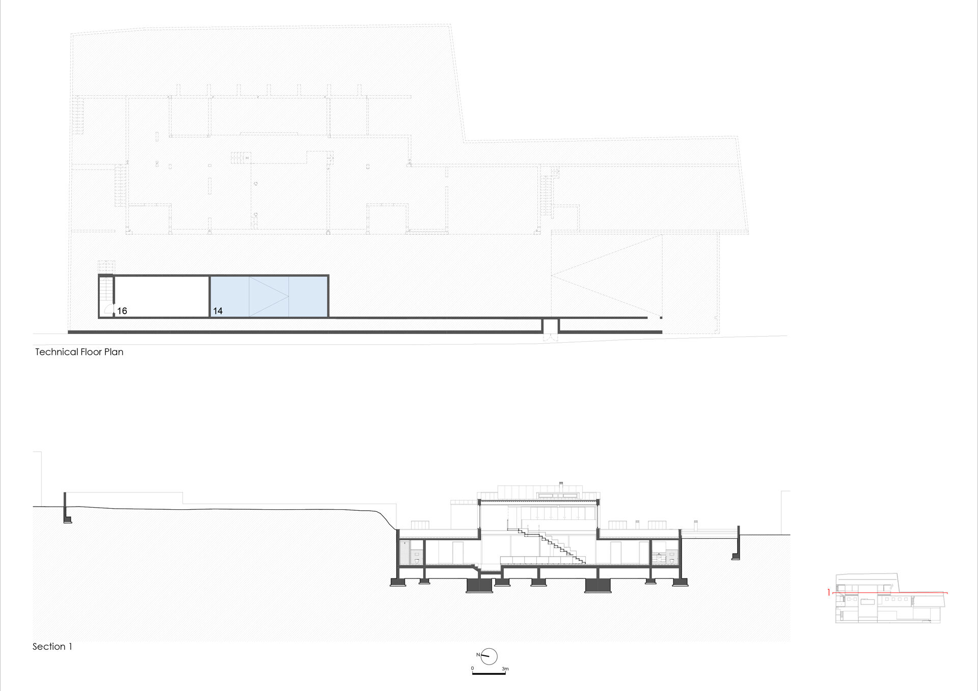 Technical floor plan and section 1