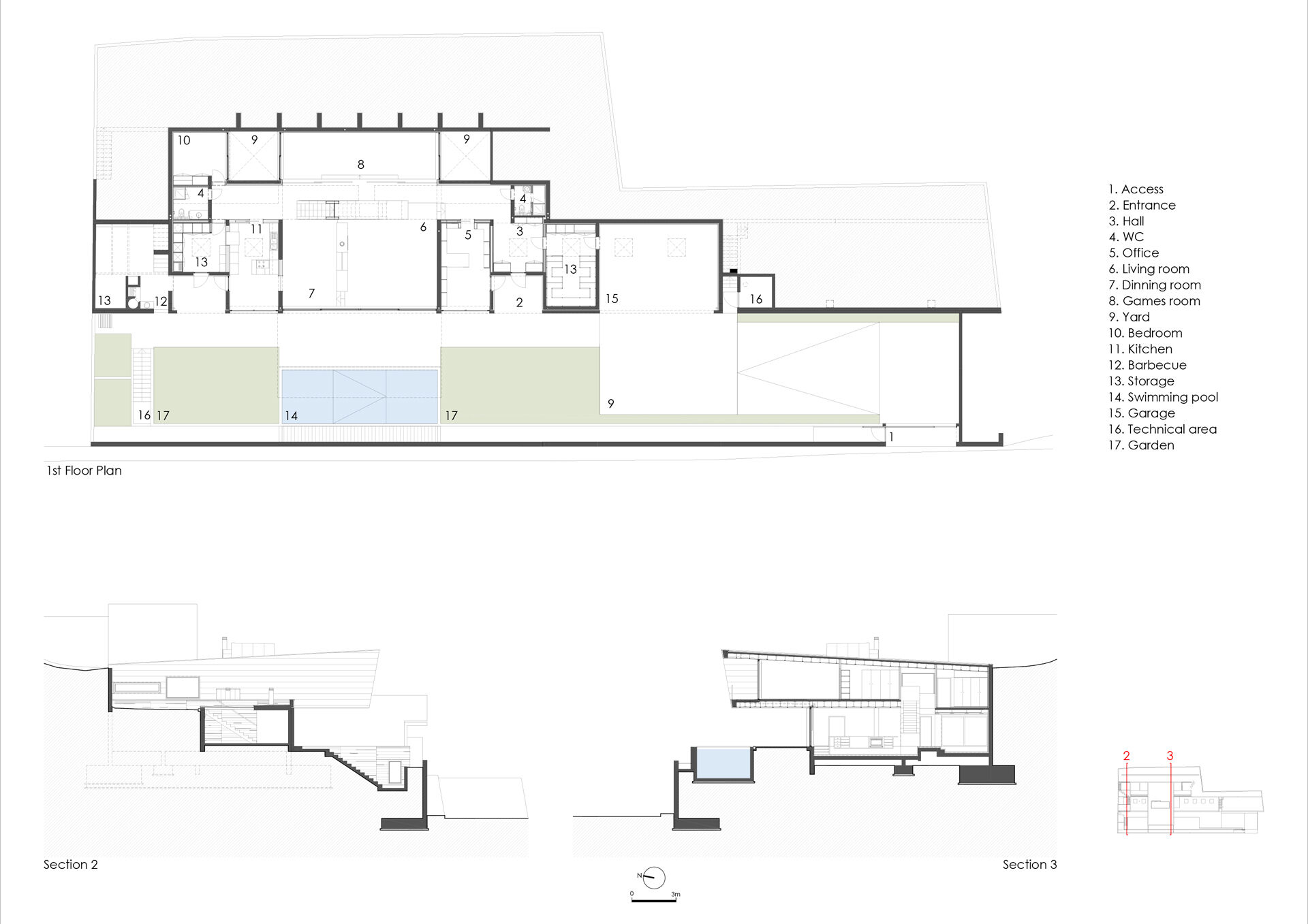 1 st floor plan and section 2 and 3