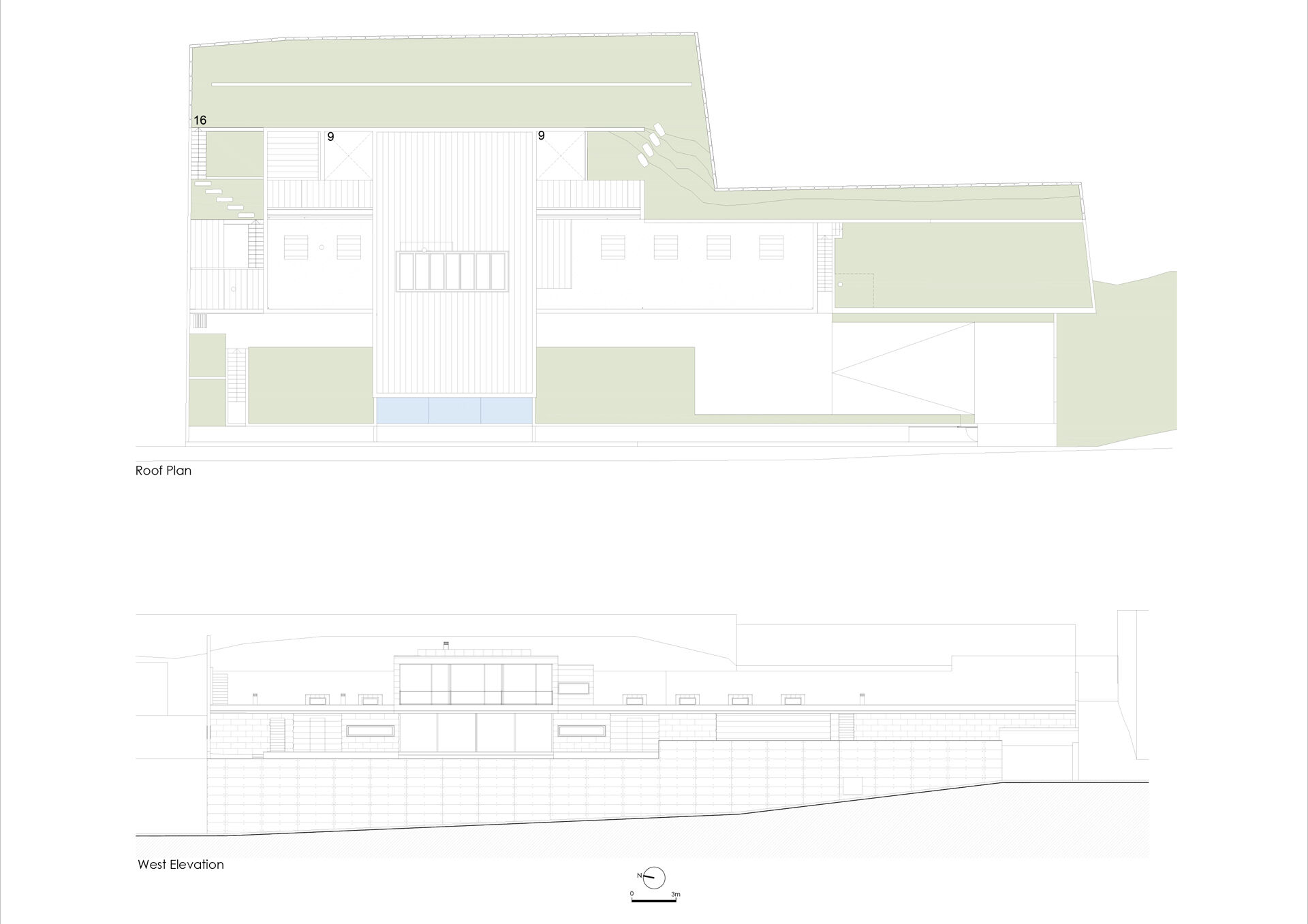 Roof plan and west elevation
