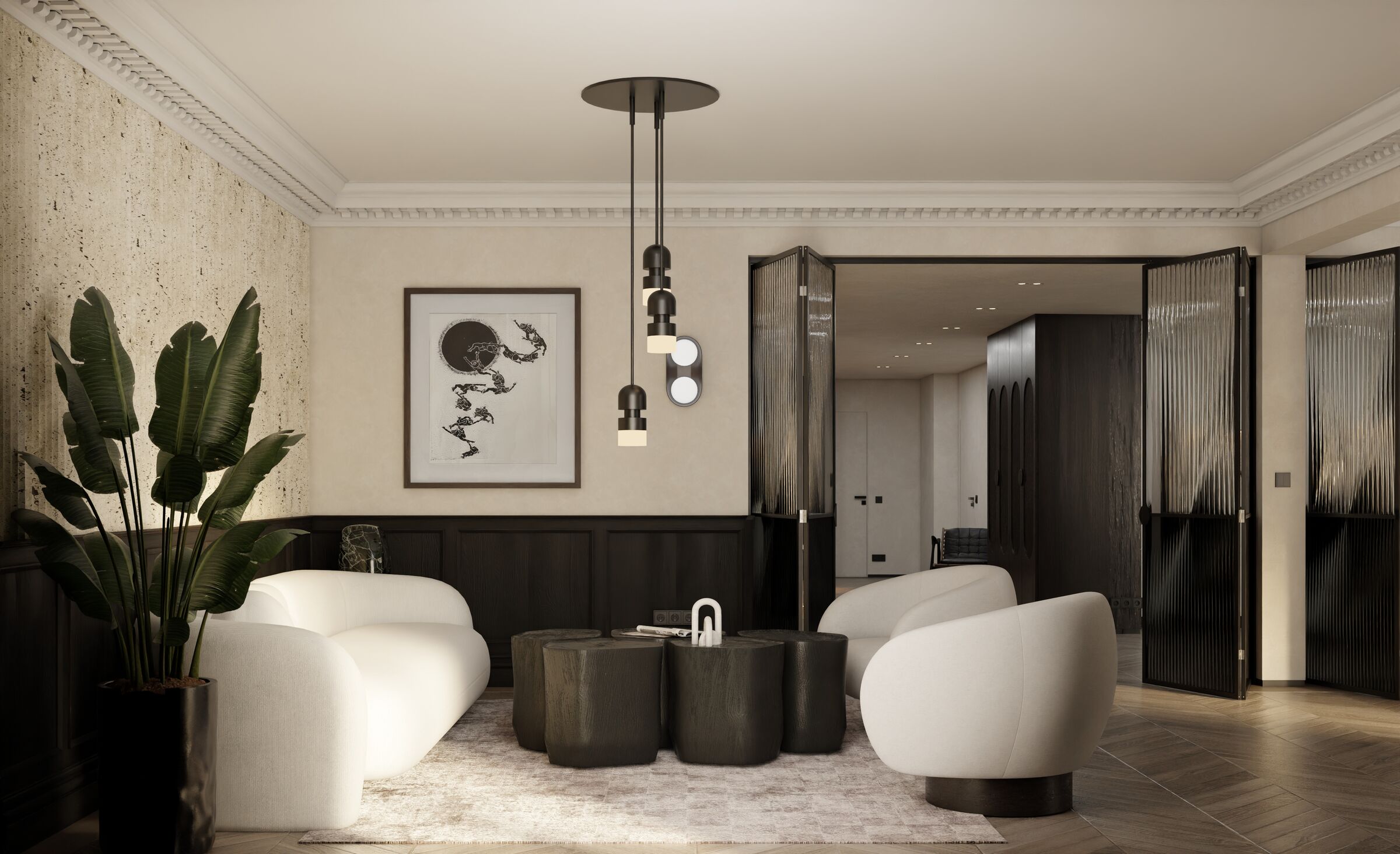 Sculptural upholstered furniture, dark timber paneling, and restored decorative details define a refined living space within this contemporary Athens apartment renovation.